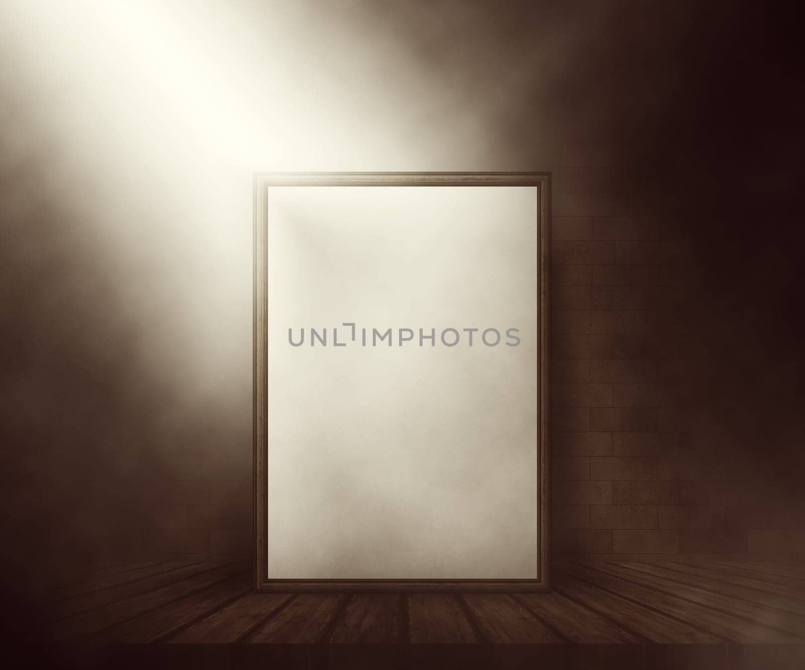 3d render of a mock up of a blank picture on a wooden table against a brick wall