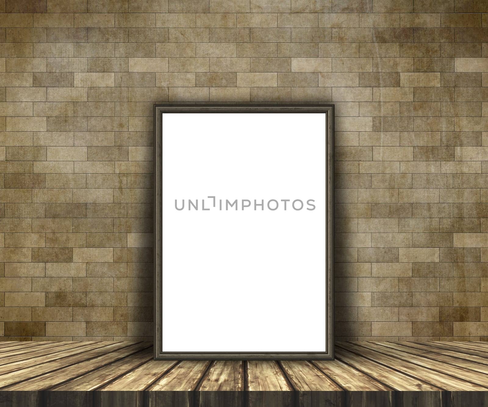 3d render of a mock up of a blank picture on a wooden table against a brick wall