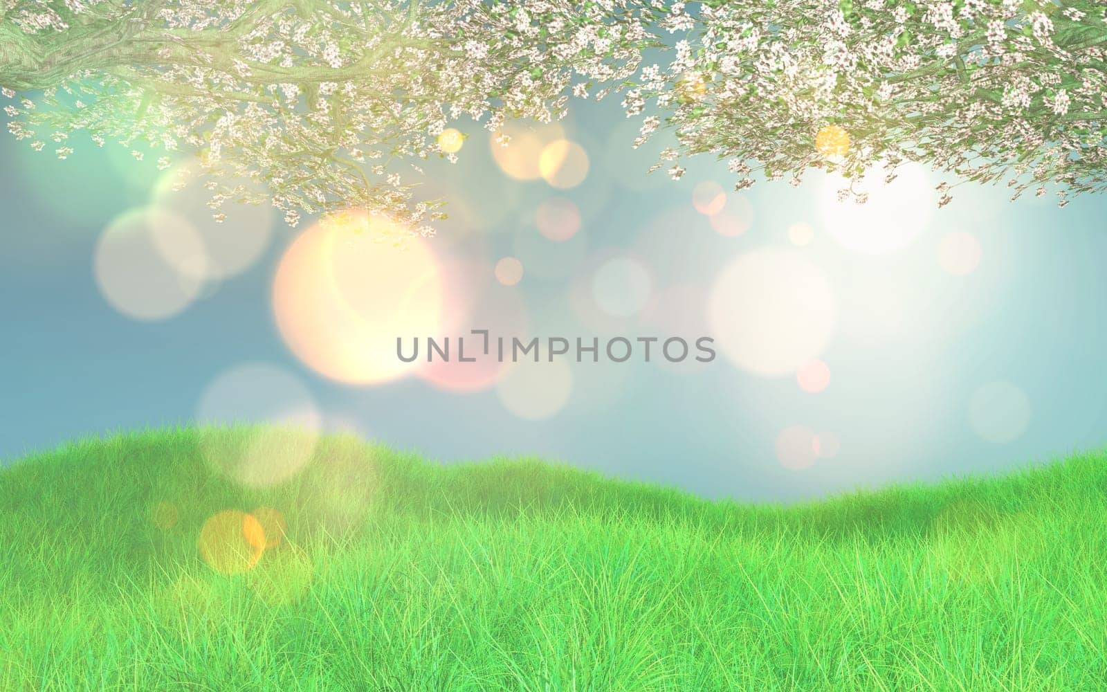 3d render of a retro styled image of cherry blossom and grassy landscape