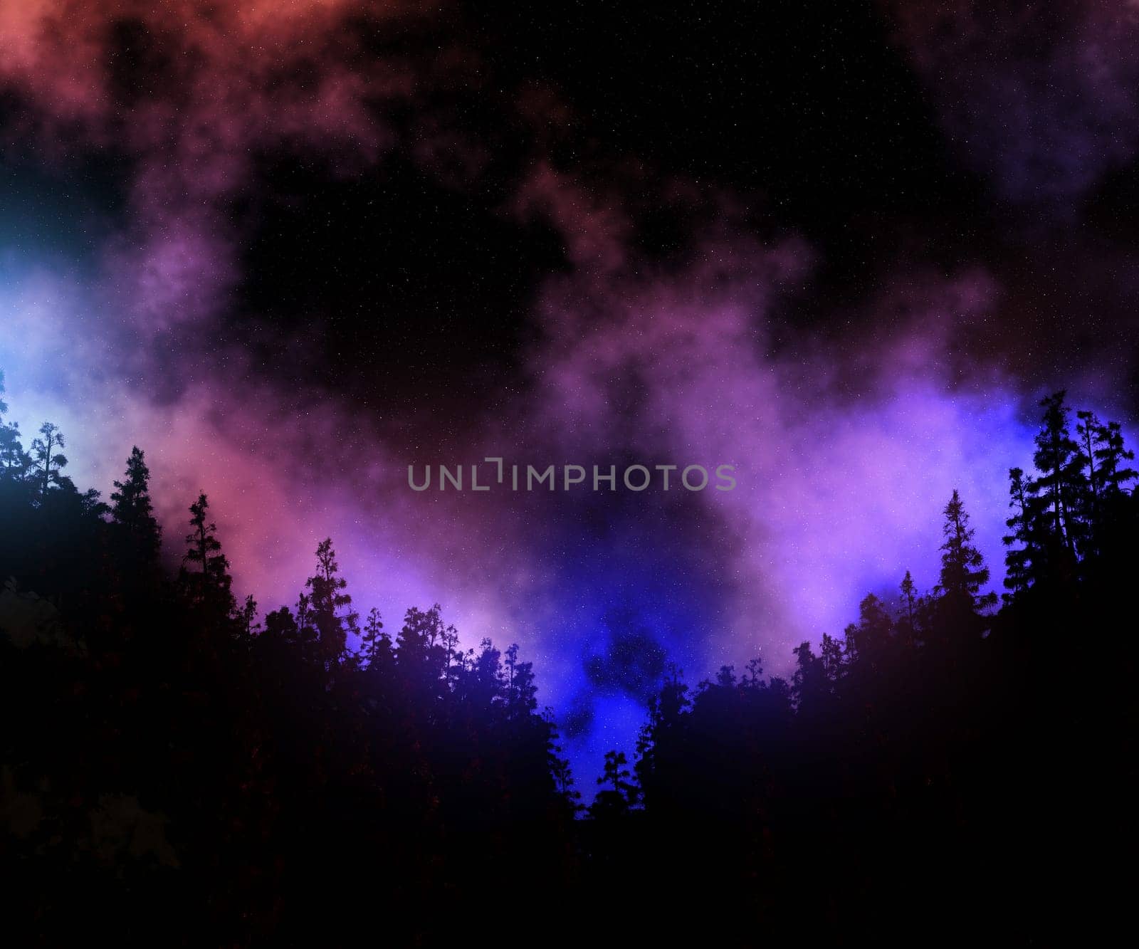 3d render of a pine tree landscape against a space sky