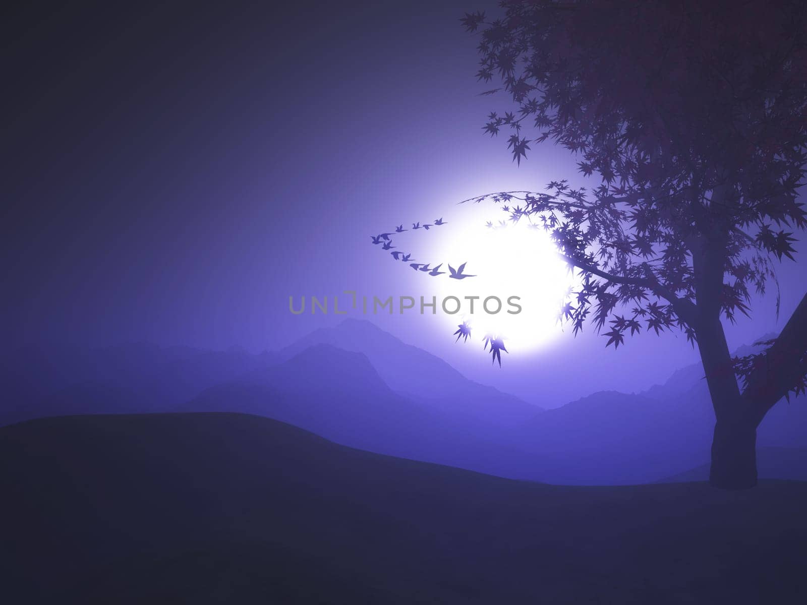 3d render of a purple sunset landscape with birds flying in the sky