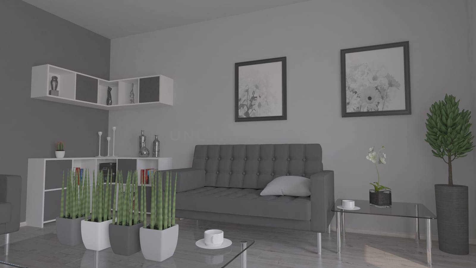 Render of 3D contemporary Living Room Interior and modern furniture