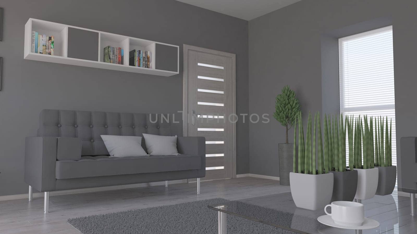 Render of 3D contemporary Living Room Interior and modern furniture