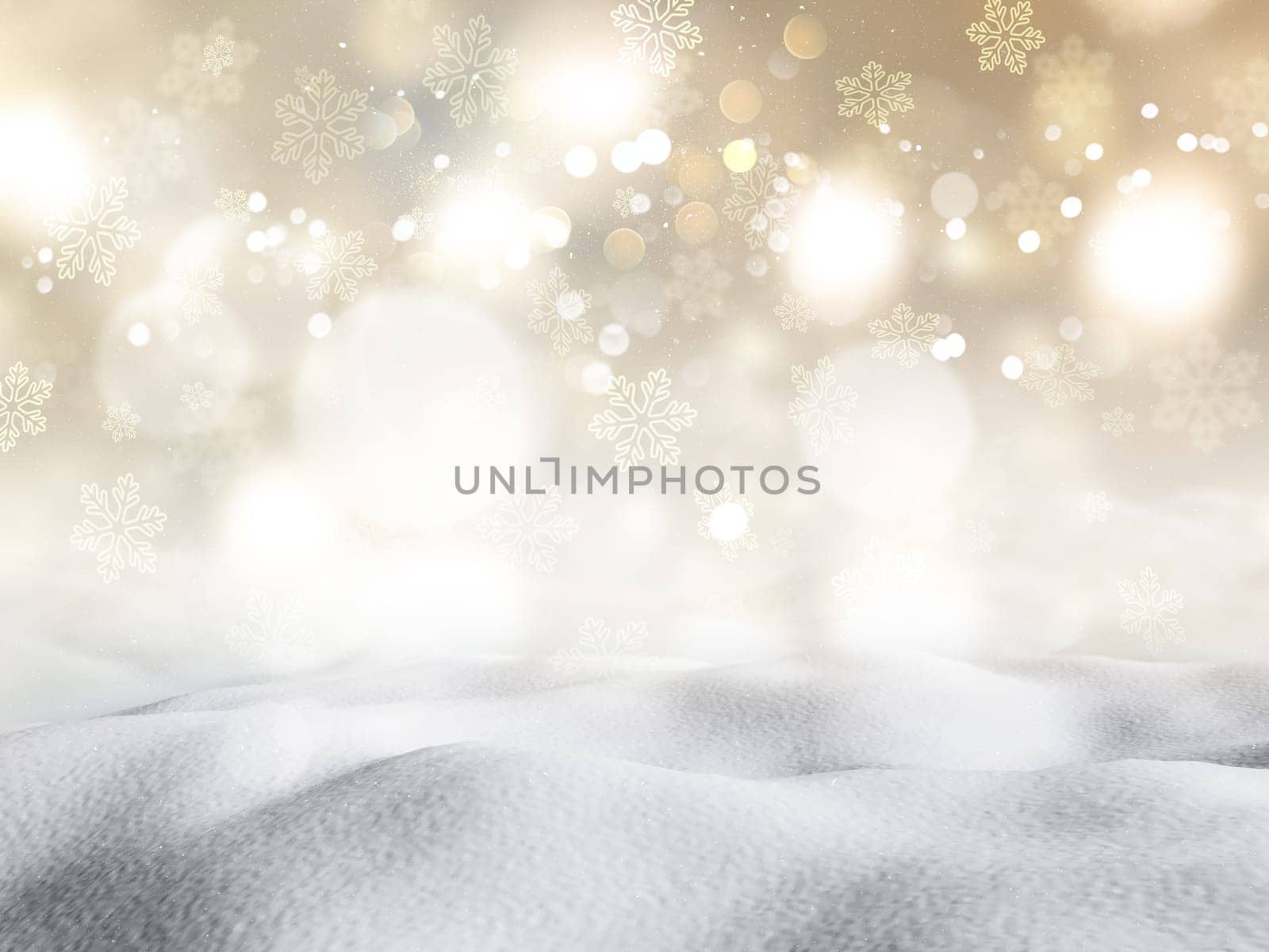 3D render of snow against a bokeh lights background