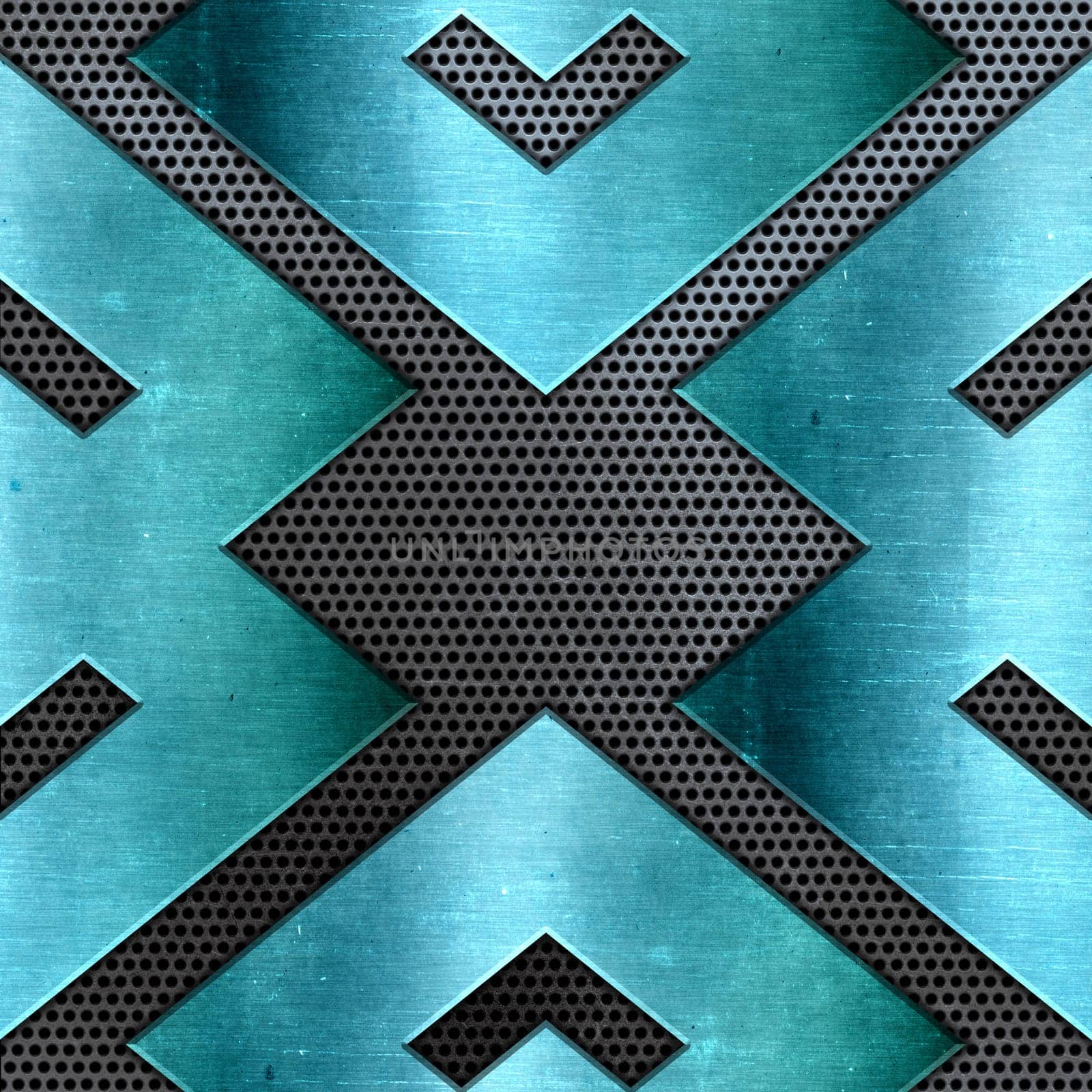 Abstract background with shiny teal metal on a perforated metallic texture