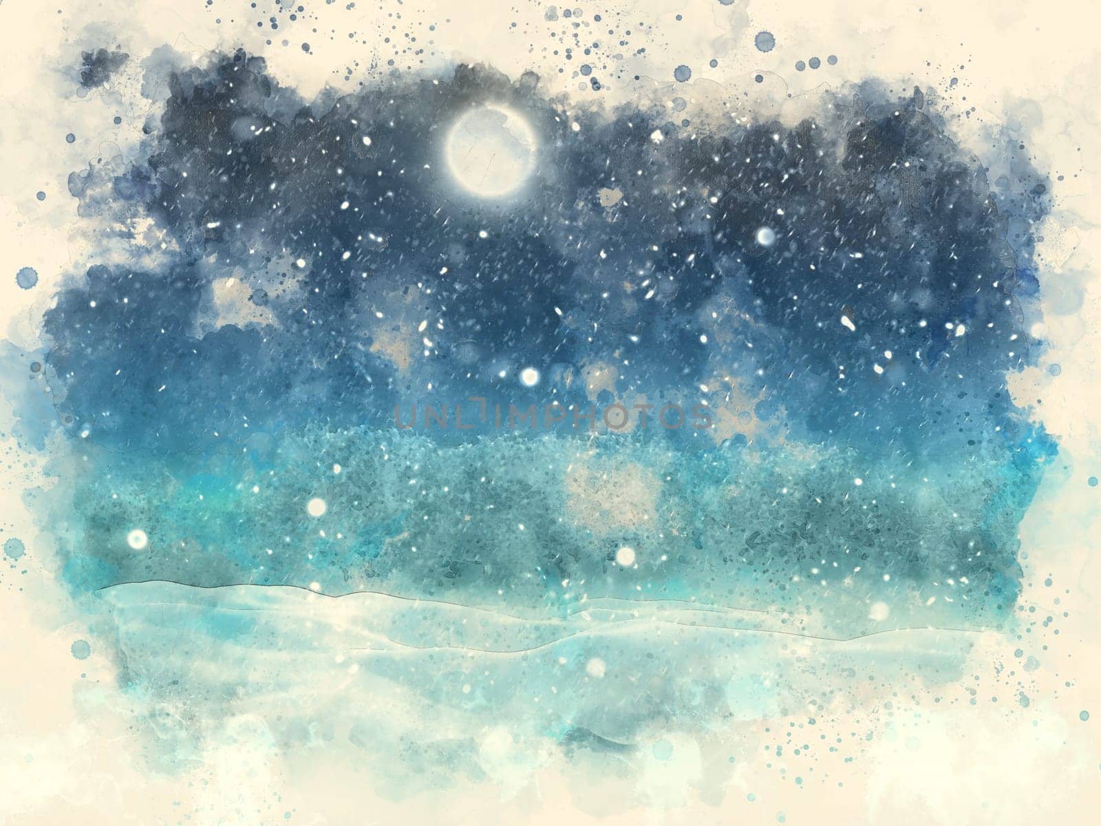 Abstract watercolour painting of a winter snow landscape