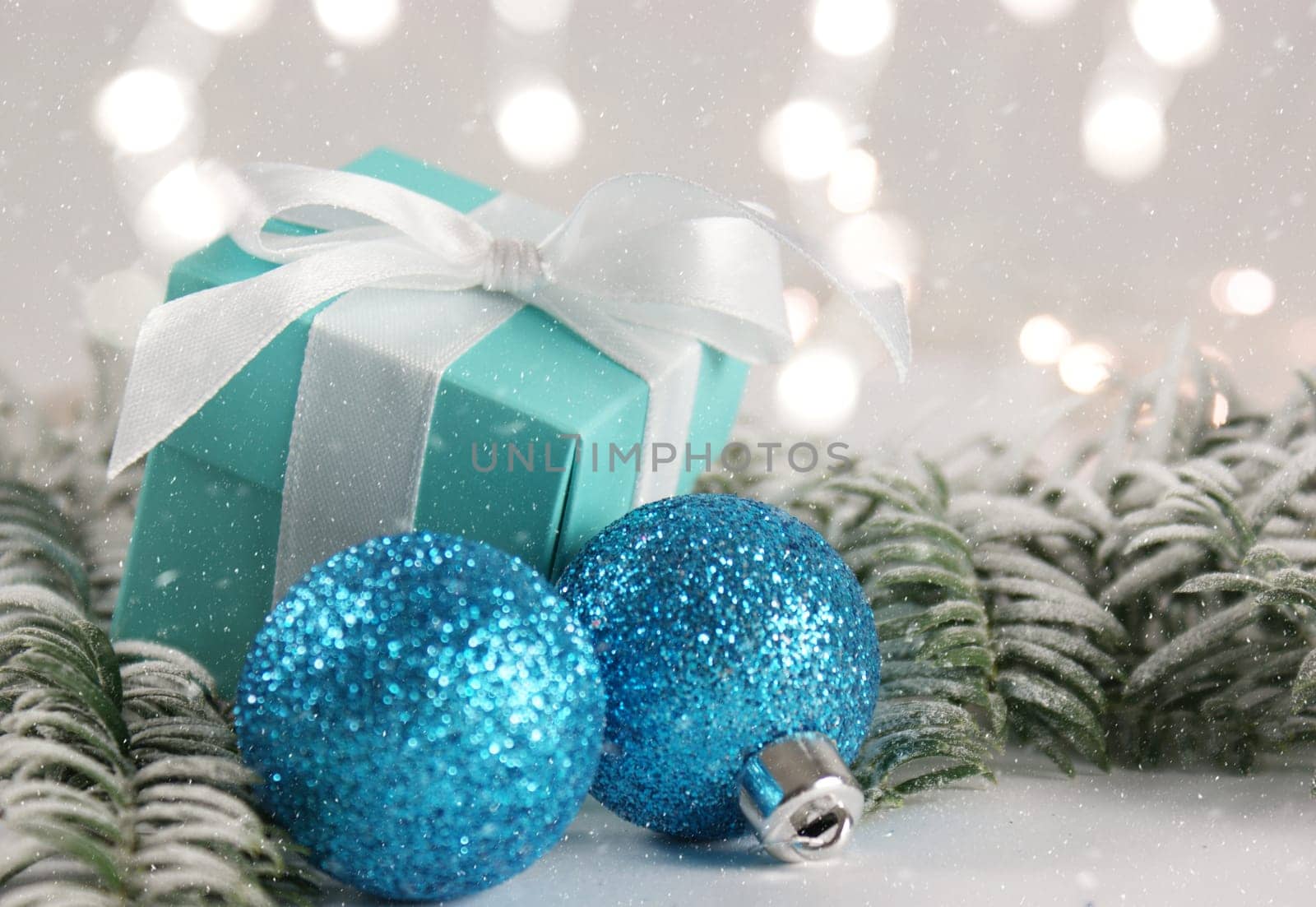 Blue Christmas gift with shallow depth of field