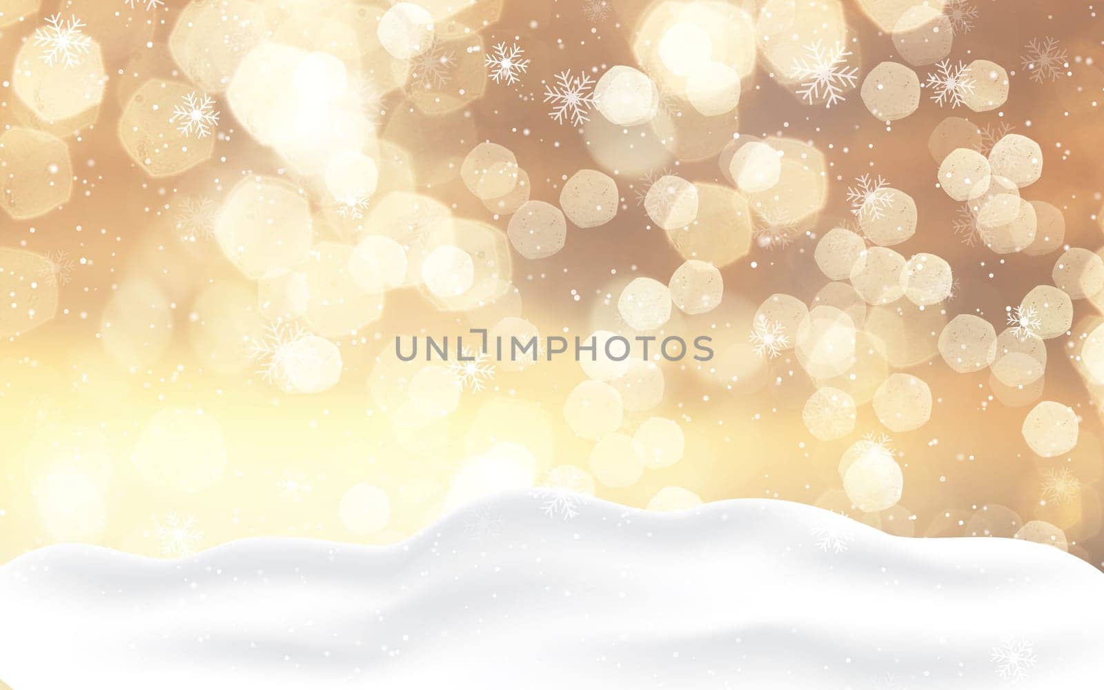 Christmas background with gold bokeh lights and snow