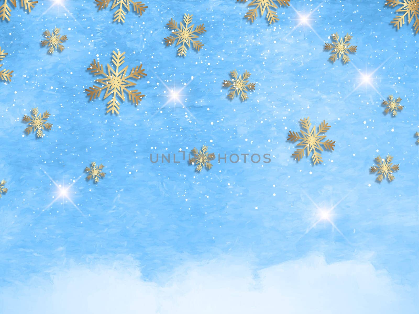 Christmas background with gold snowflakes on a watercolour texture