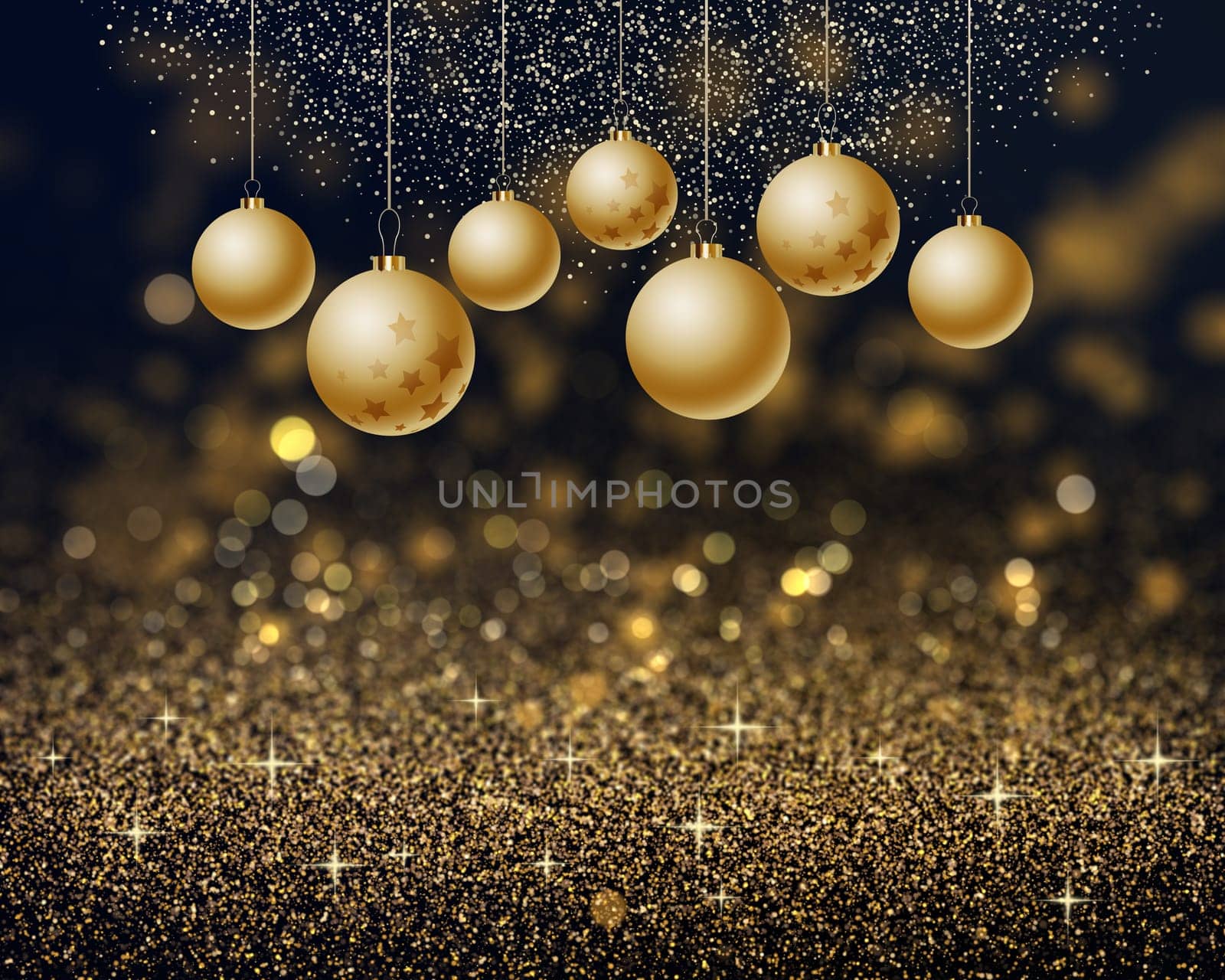Christmas background with gold sparkling glitter and hanging baubles