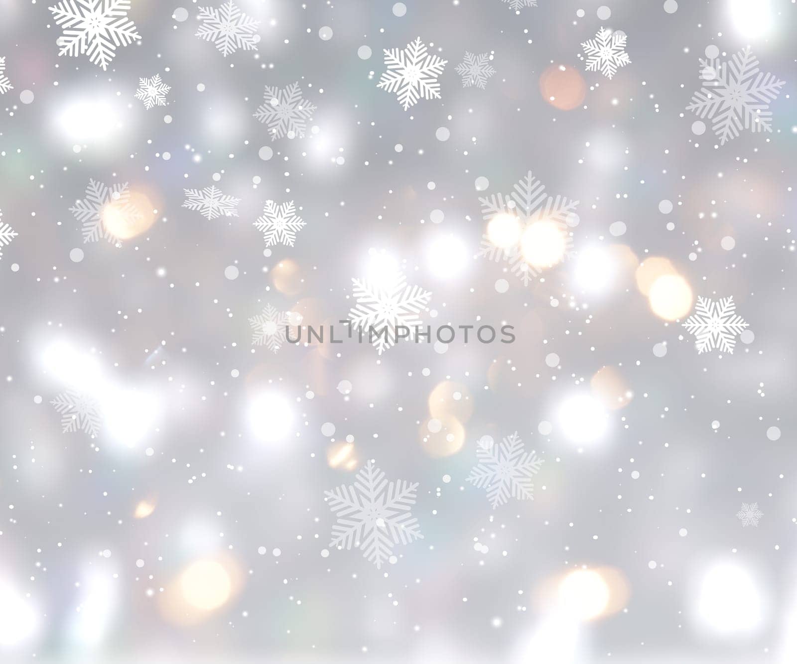 Christmas background with bokeh lights and falling snowflakes