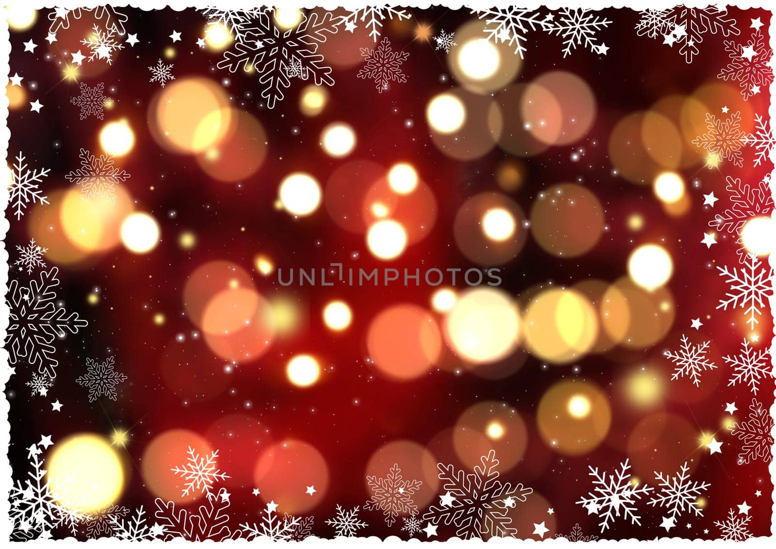 Christmas background with snowflake border and bokeh lights