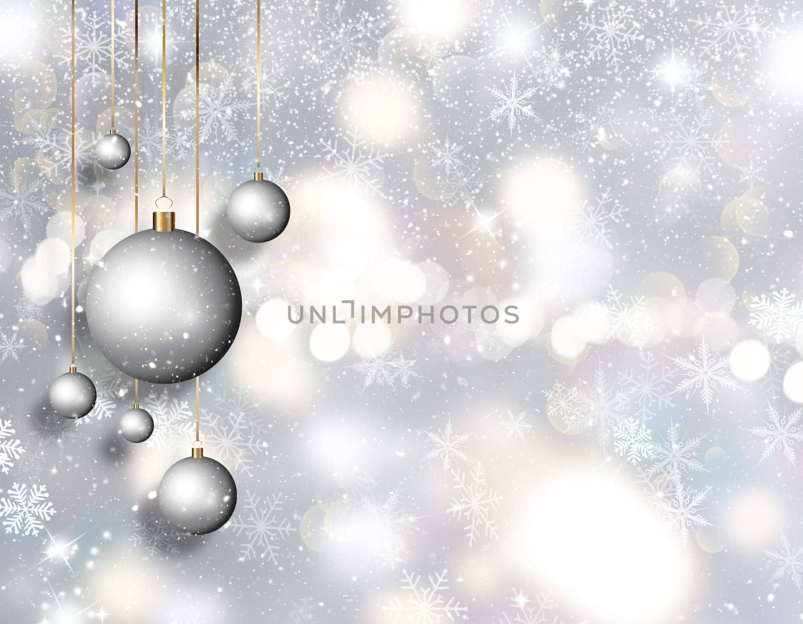 Christmas background with hanging baubles, snowflakes and bokeh lights