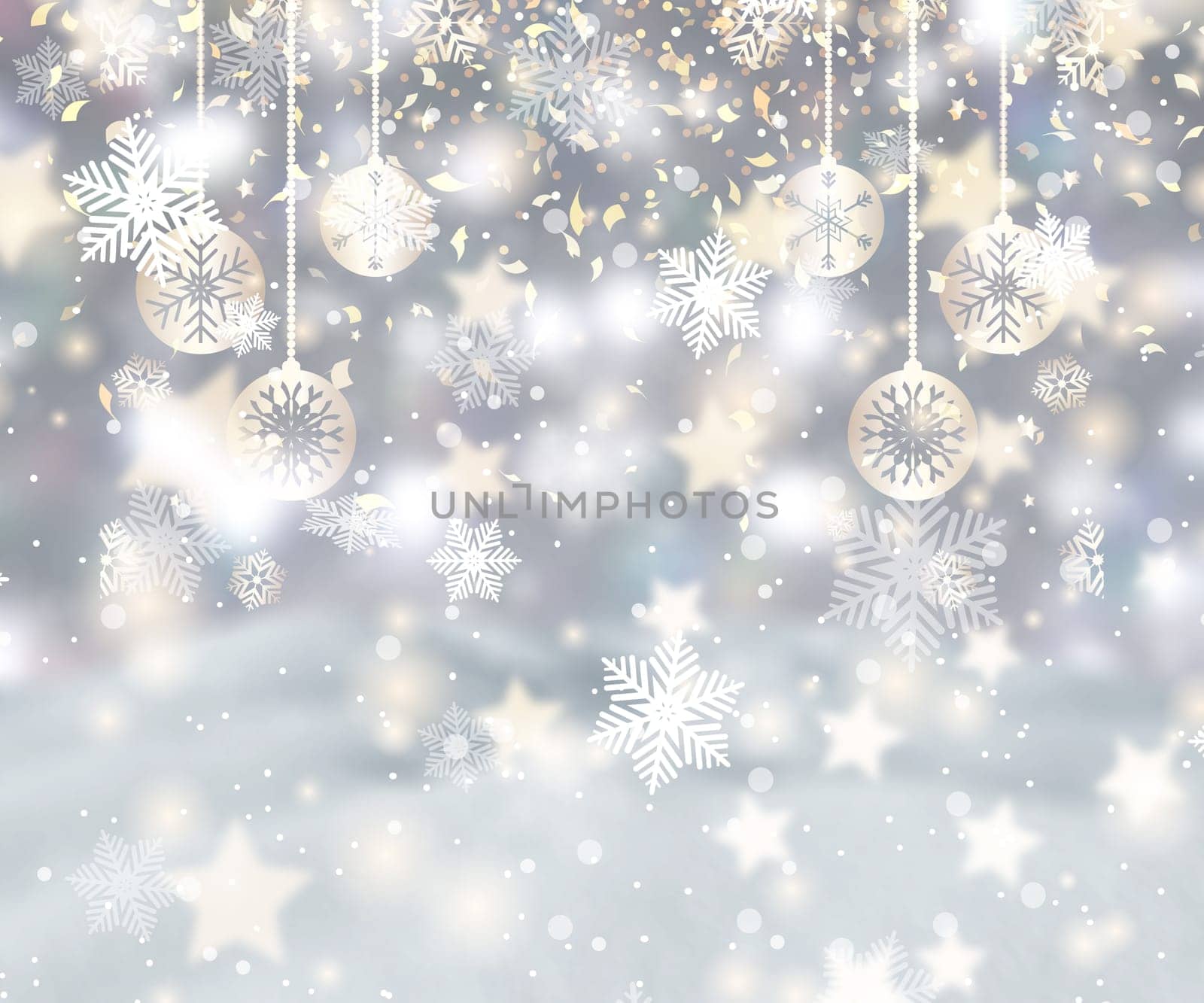 Christmas background with snowflakes, baubles and confetti