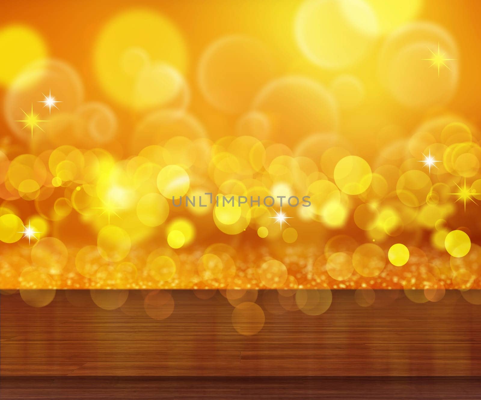 Christmas background with wood table against bokeh lights design