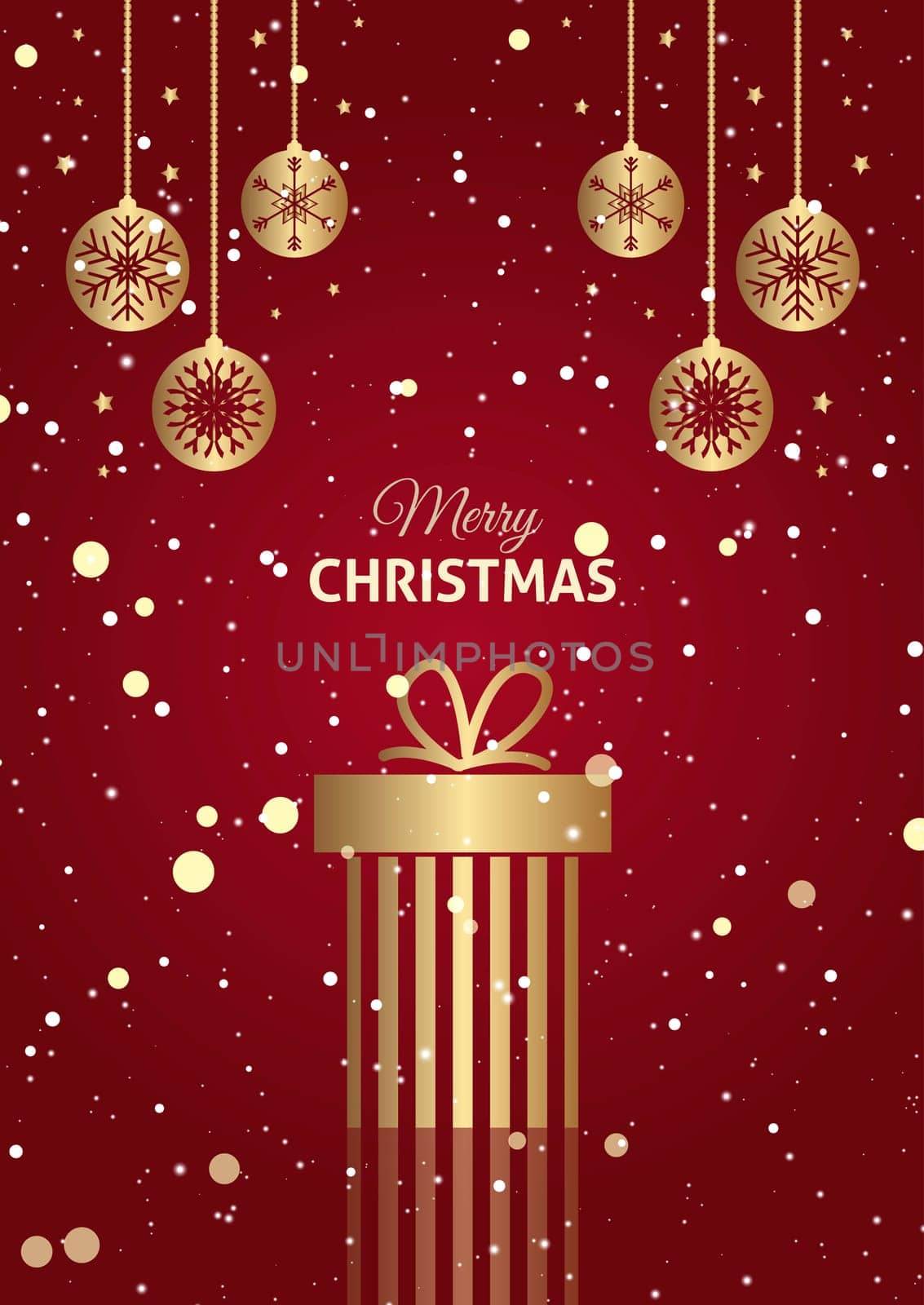 Red and gold Christmas gift background with hanging baubles