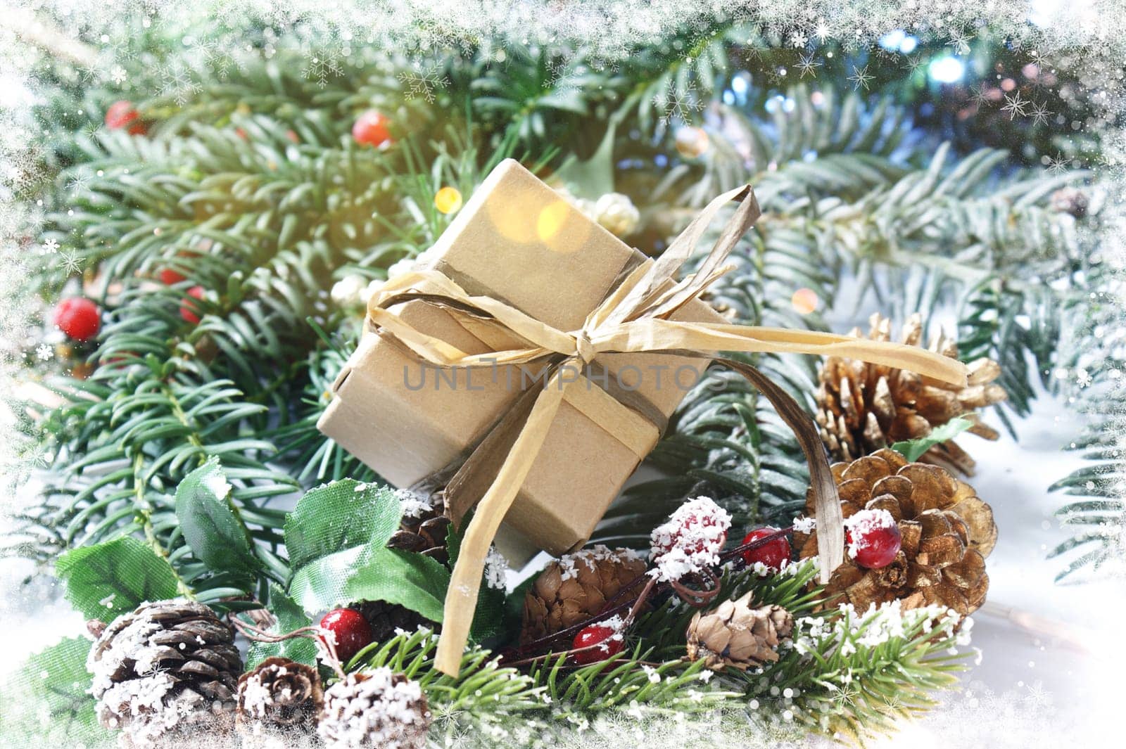 Christmas gift with snowy border