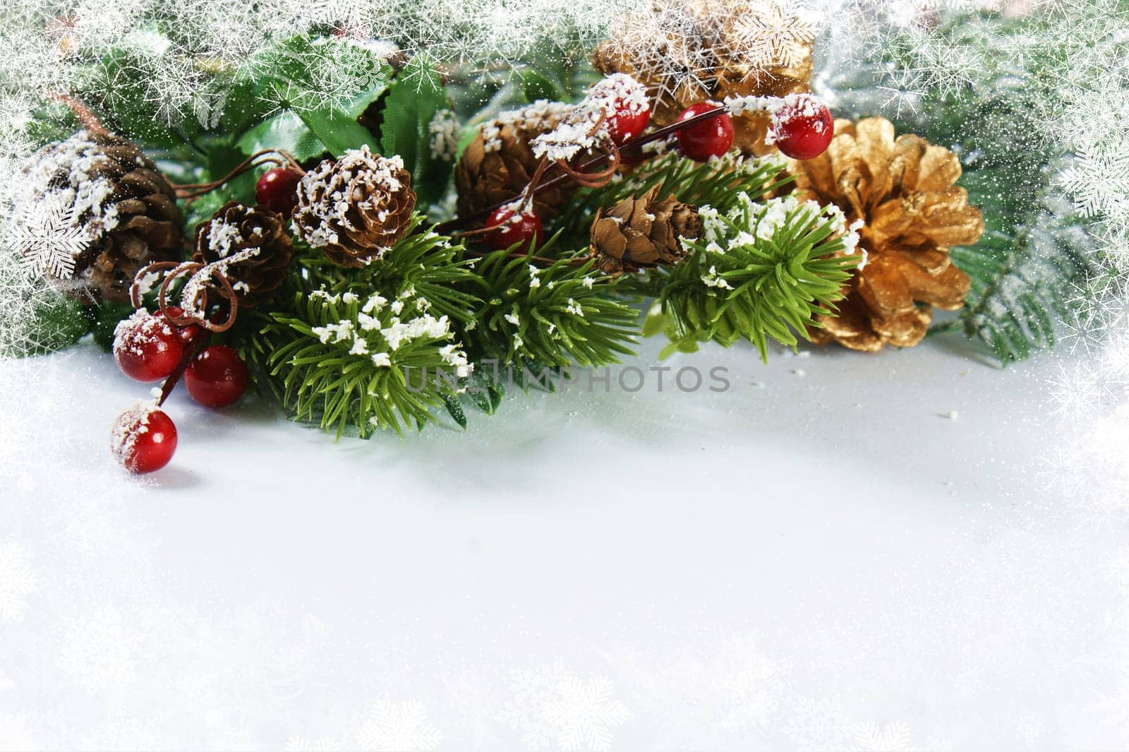 Christmas decorations with snowy border