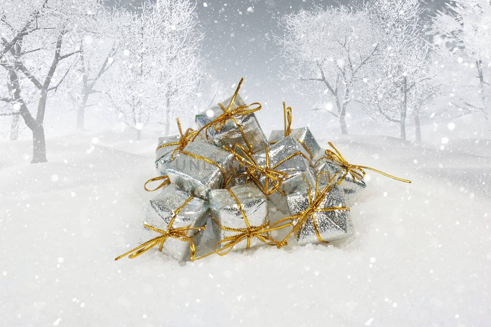 Christmas gifts in a 3D snowy landscape