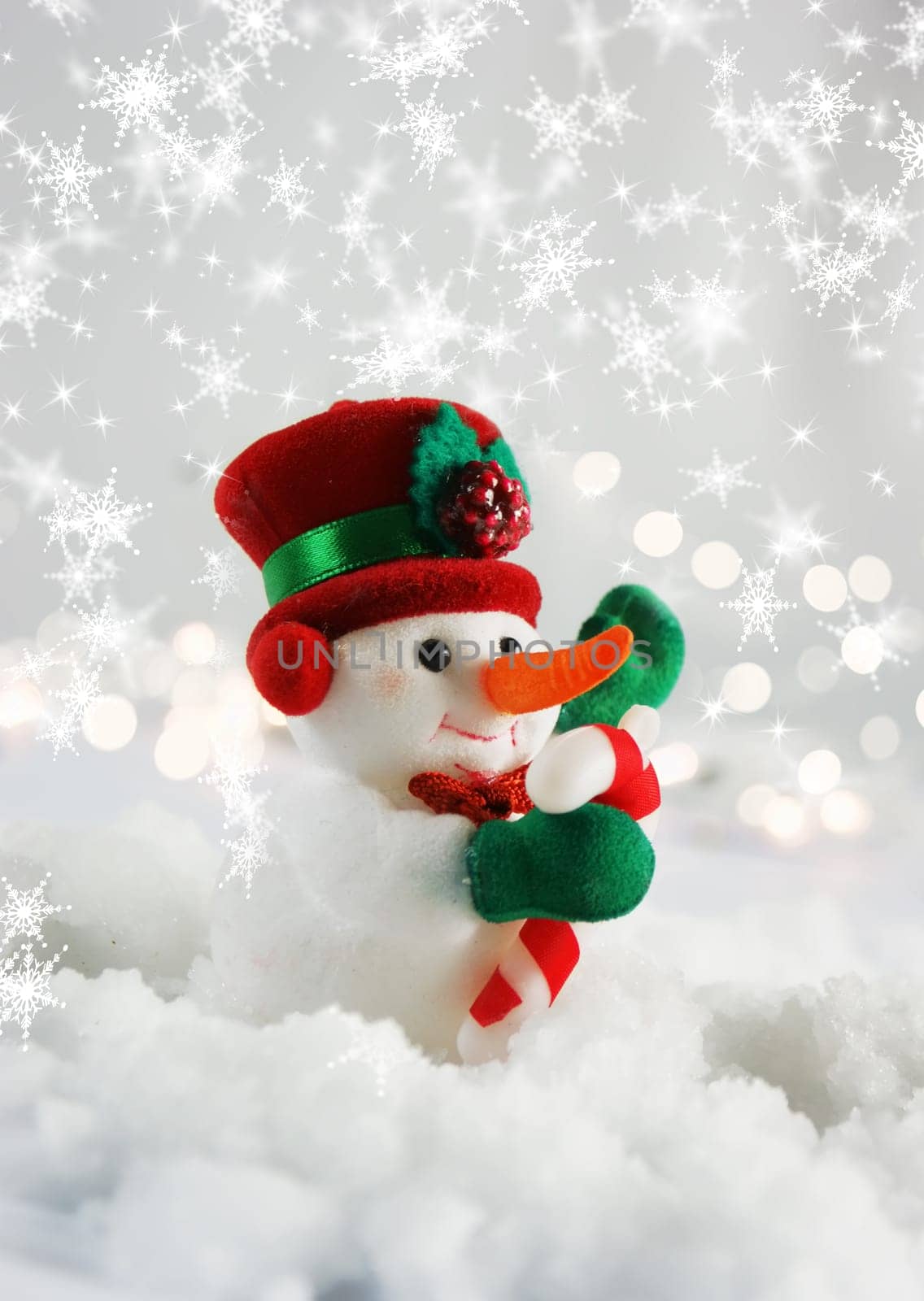 Christmas snowman nestled in snow