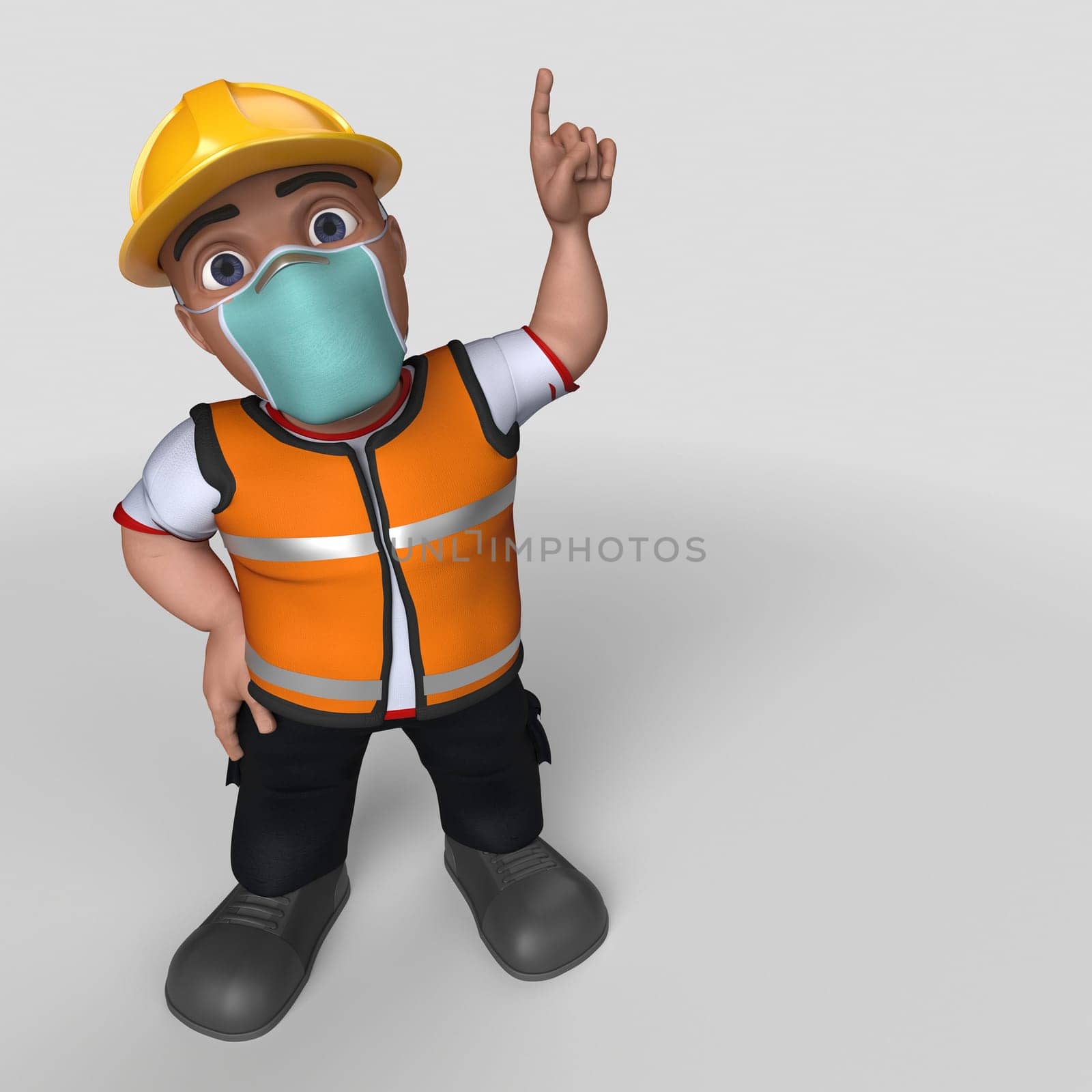 3D Render of Cartoon Builder Character in face mask