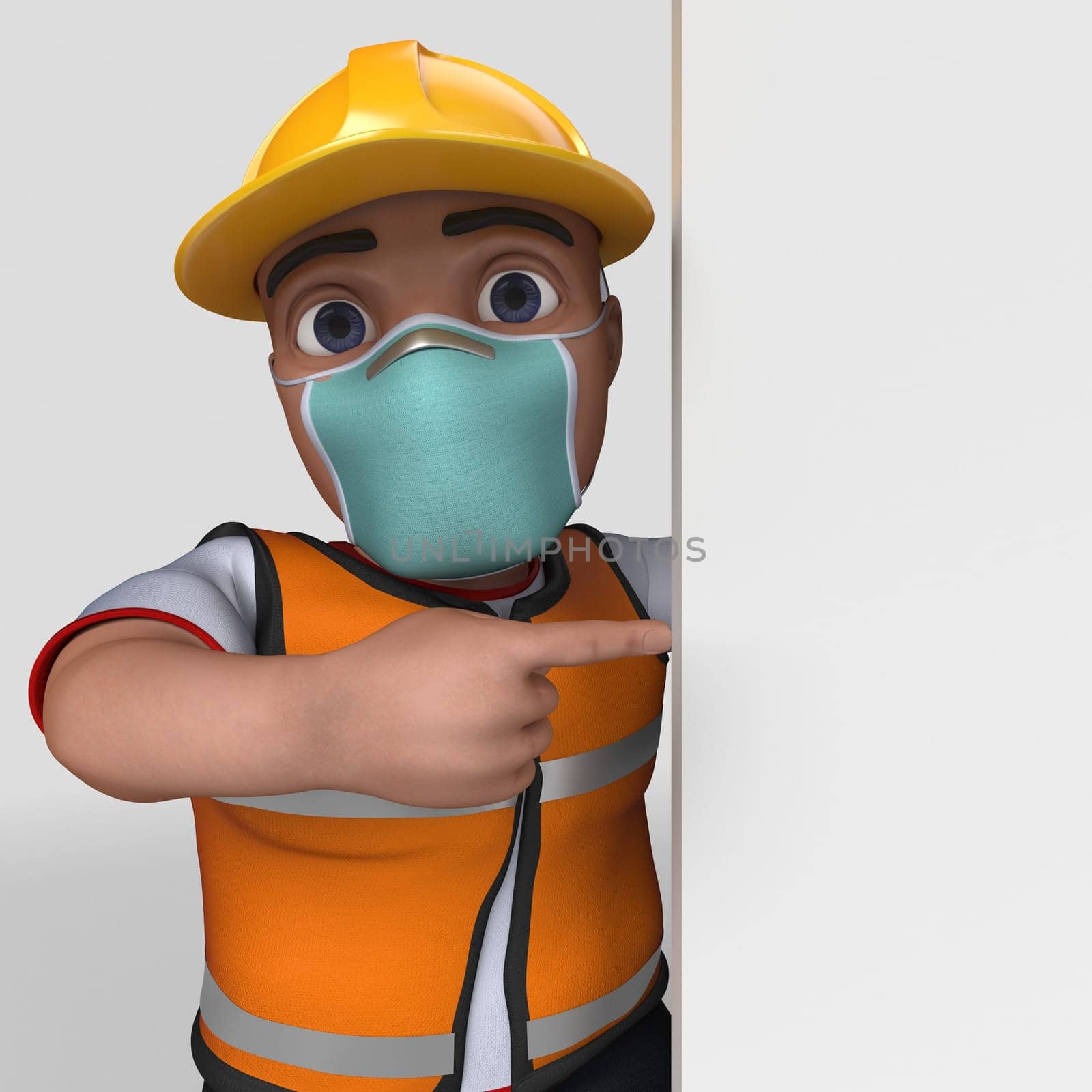 3D Render of Cartoon Builder Character in face mask