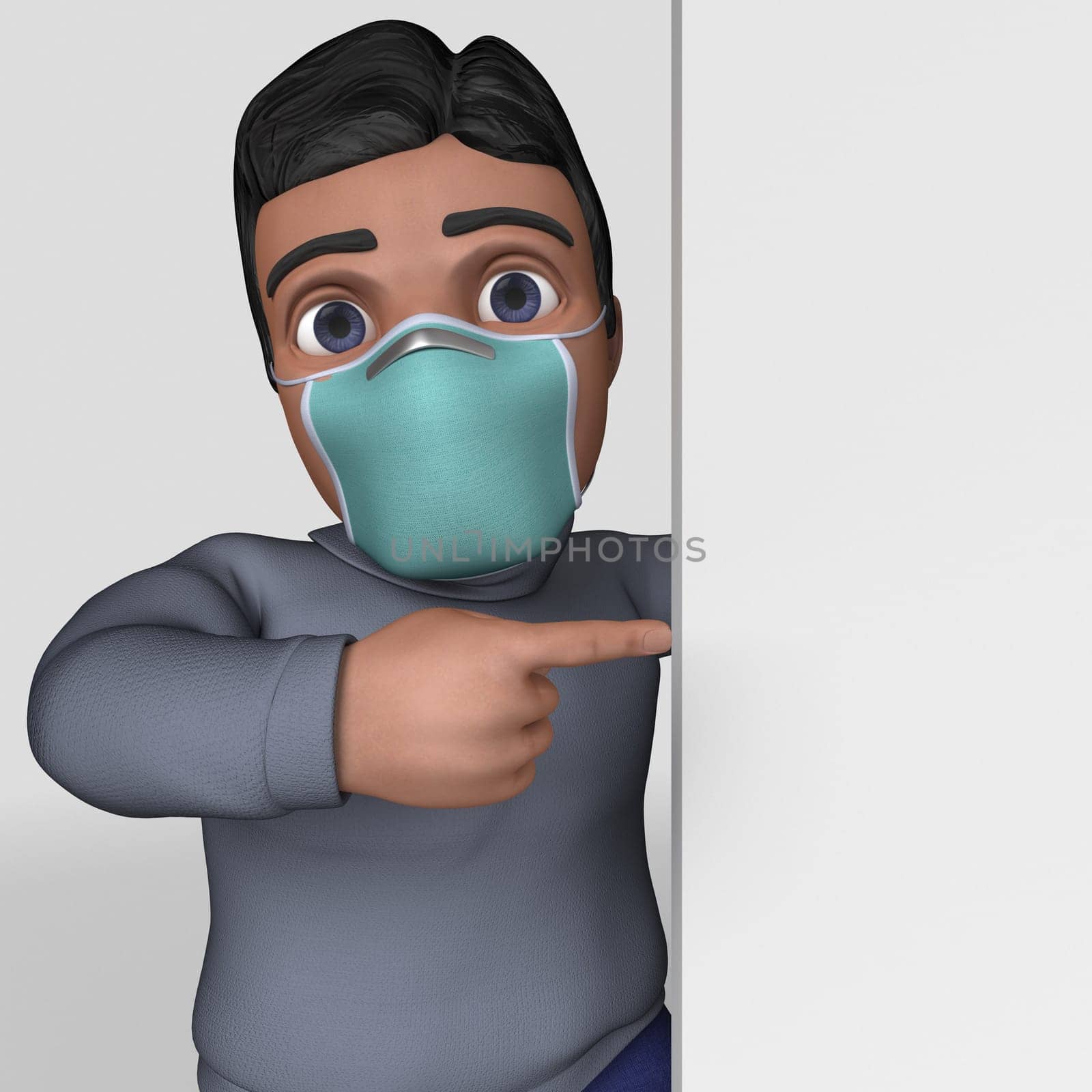 3D Render of Cartoon Casual Character in face mask