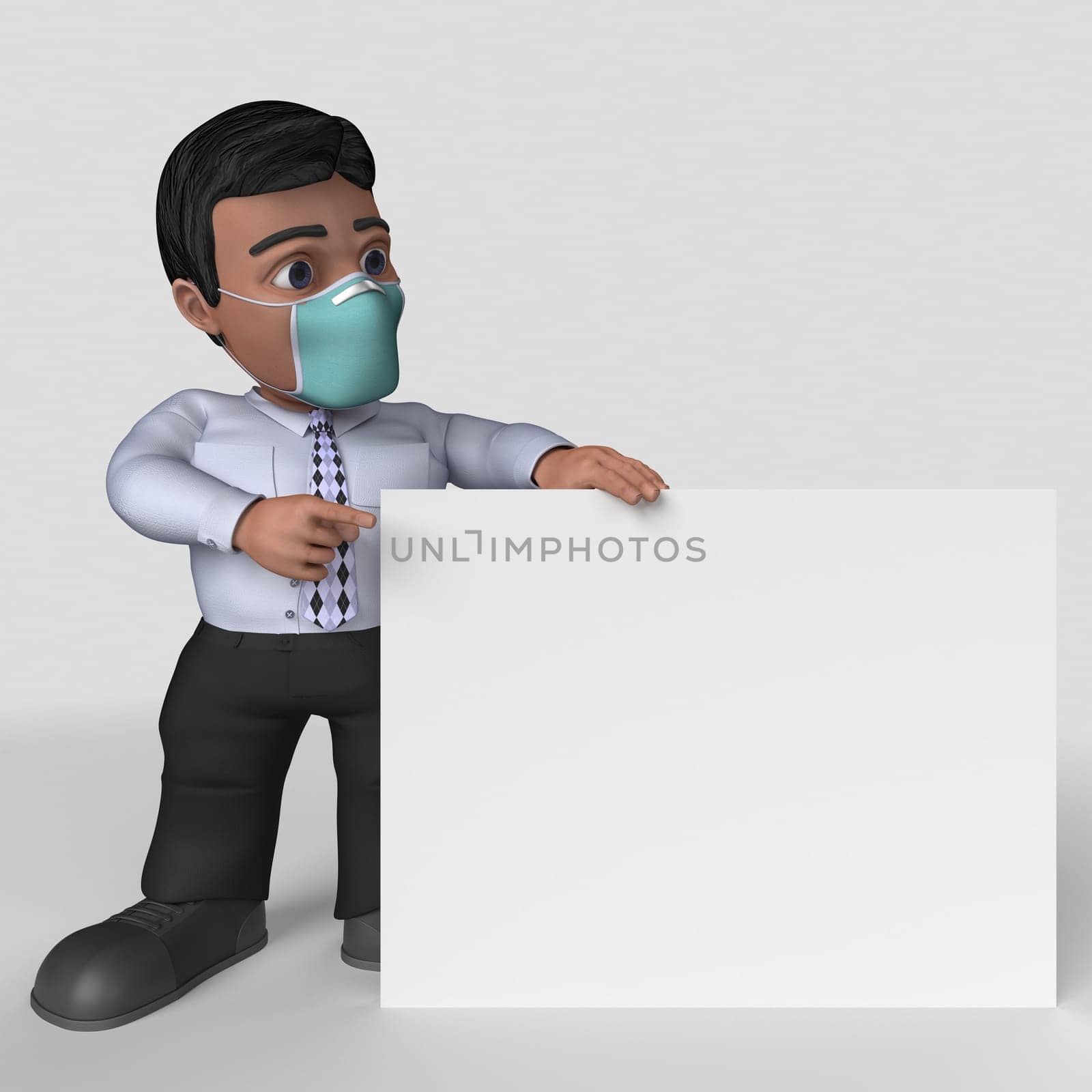 3D Render of Cartoon Business Character in face mask