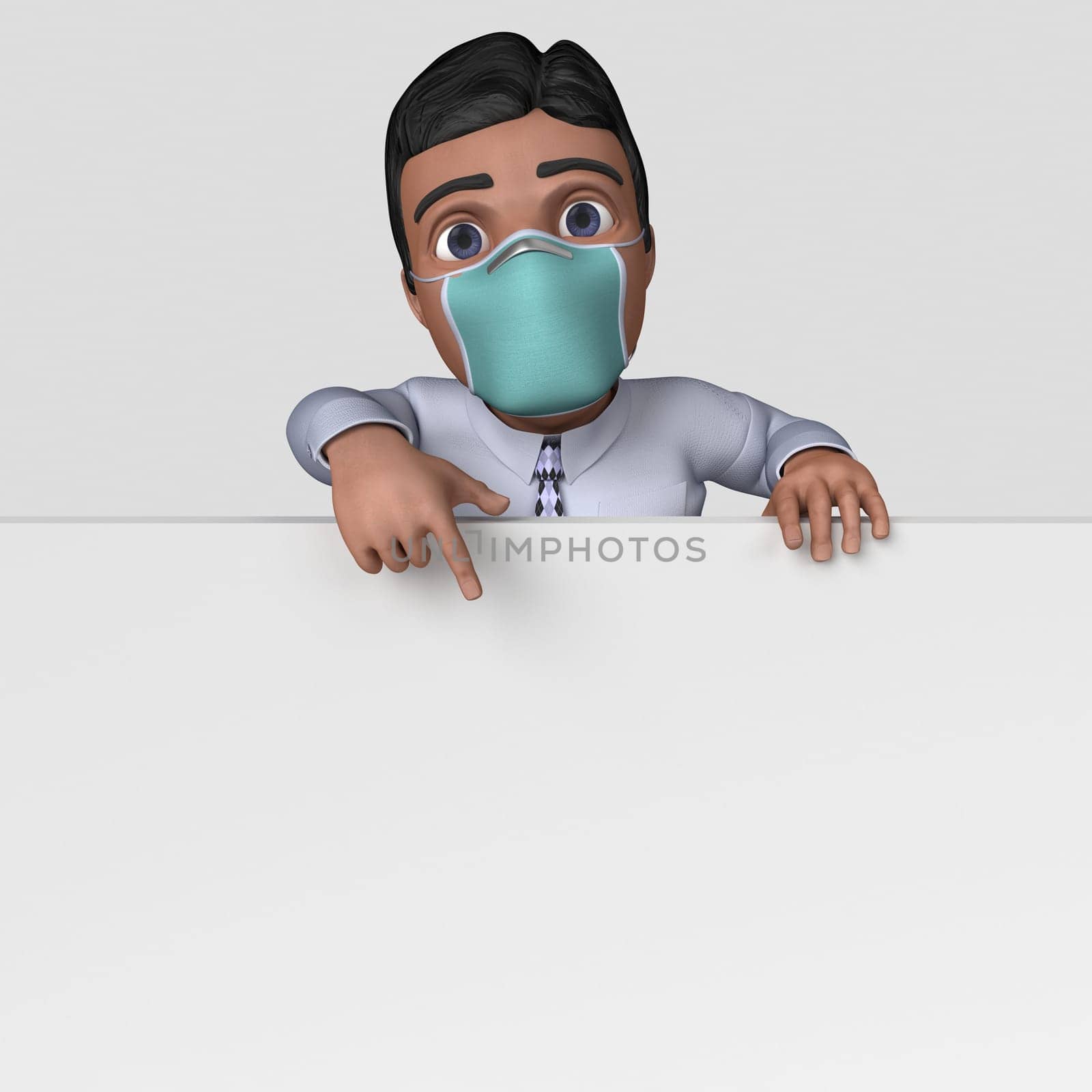 3D Render of Cartoon Business Character in face mask