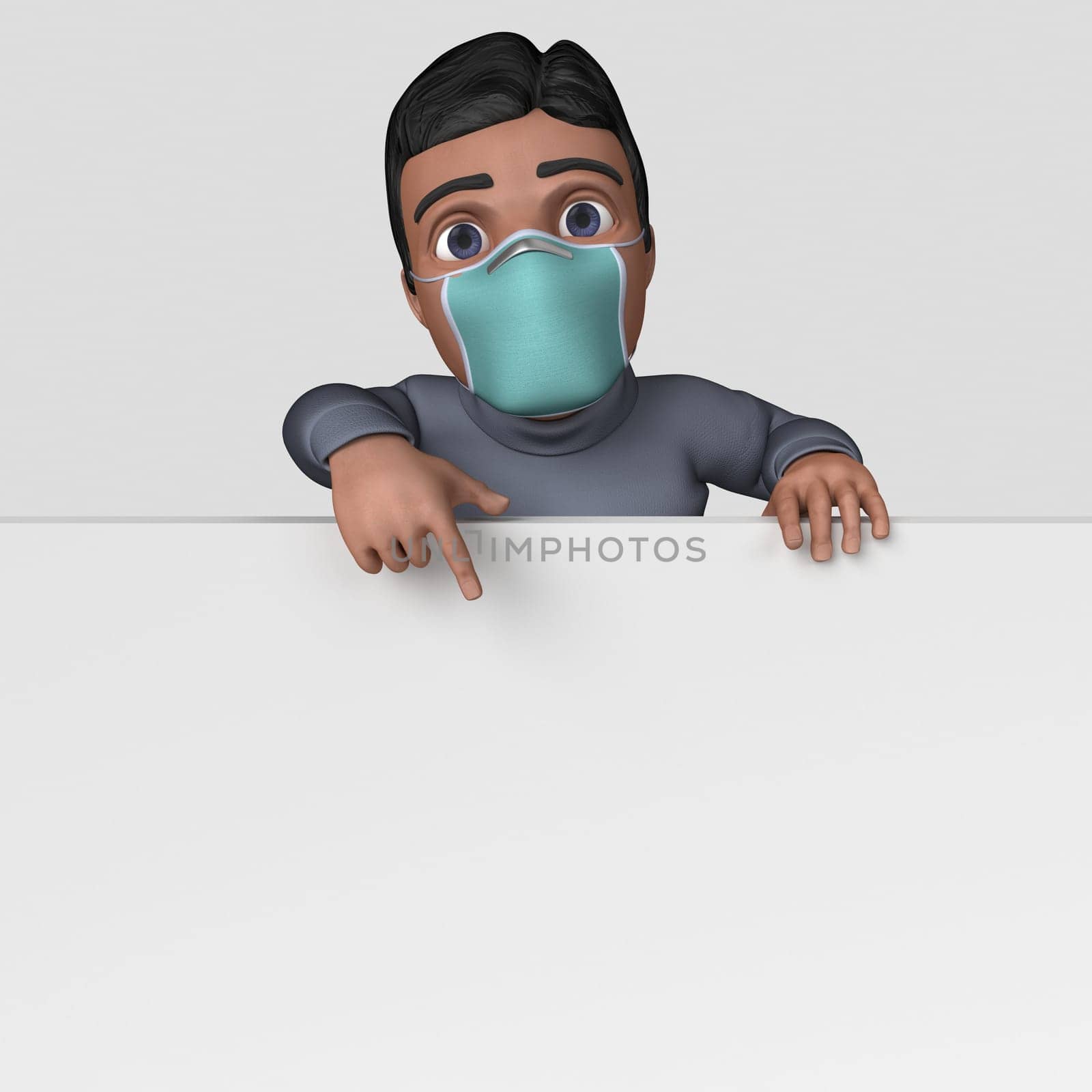 3D Render of Cartoon Casual Character in face mask