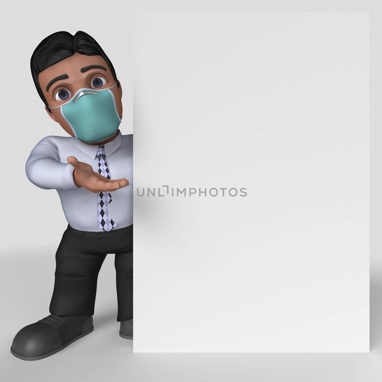 3D Render of Cartoon Business Character in face mask