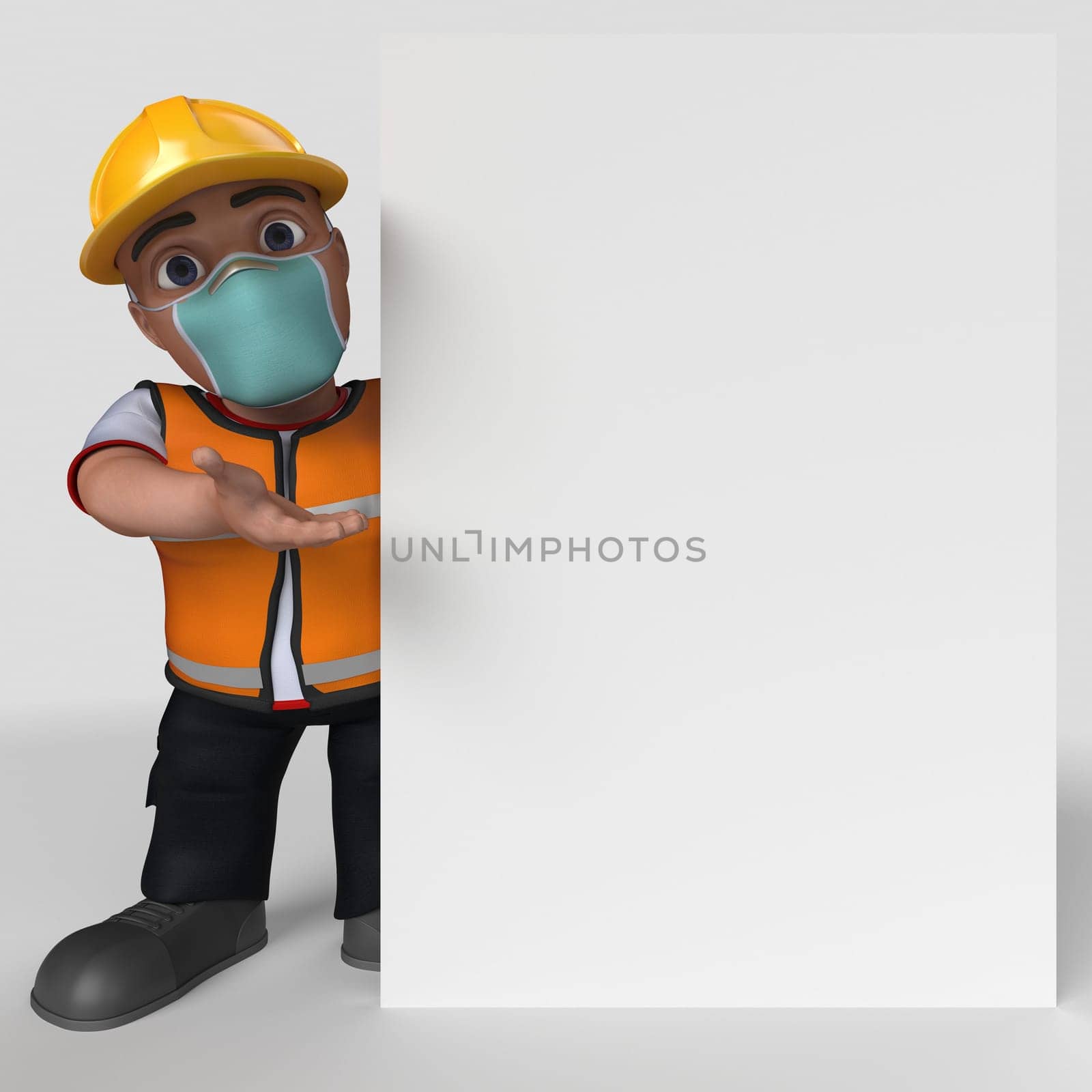 3D Render of Cartoon Builder Character in face mask