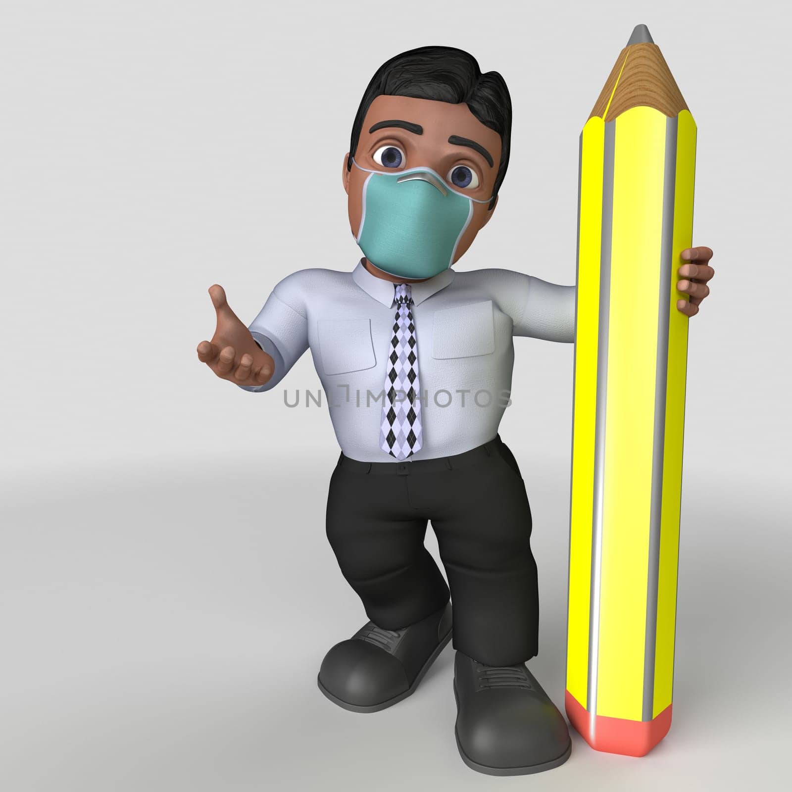 3D Render of Cartoon Business Character in face mask