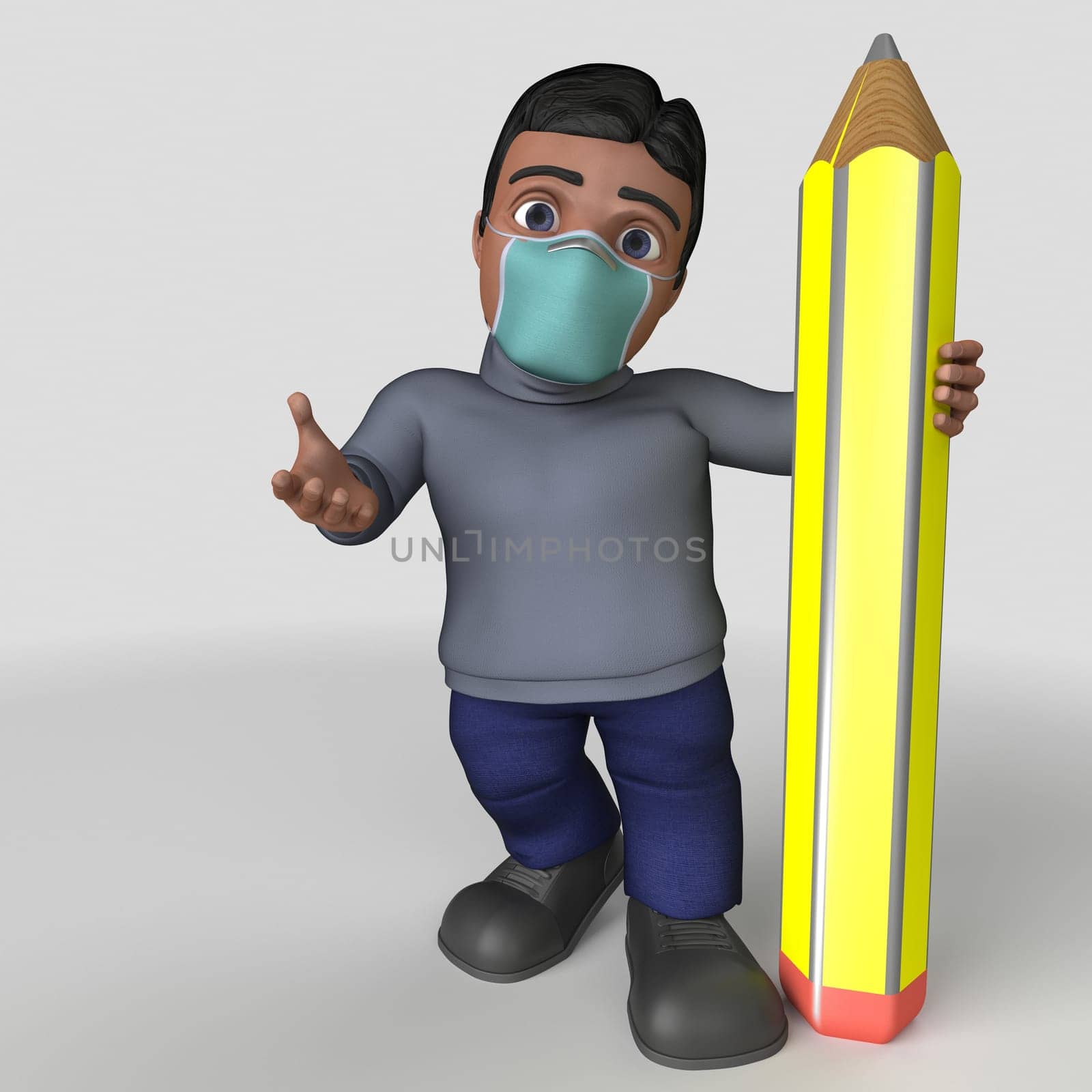 3D Render of Cartoon Casual Character in face mask