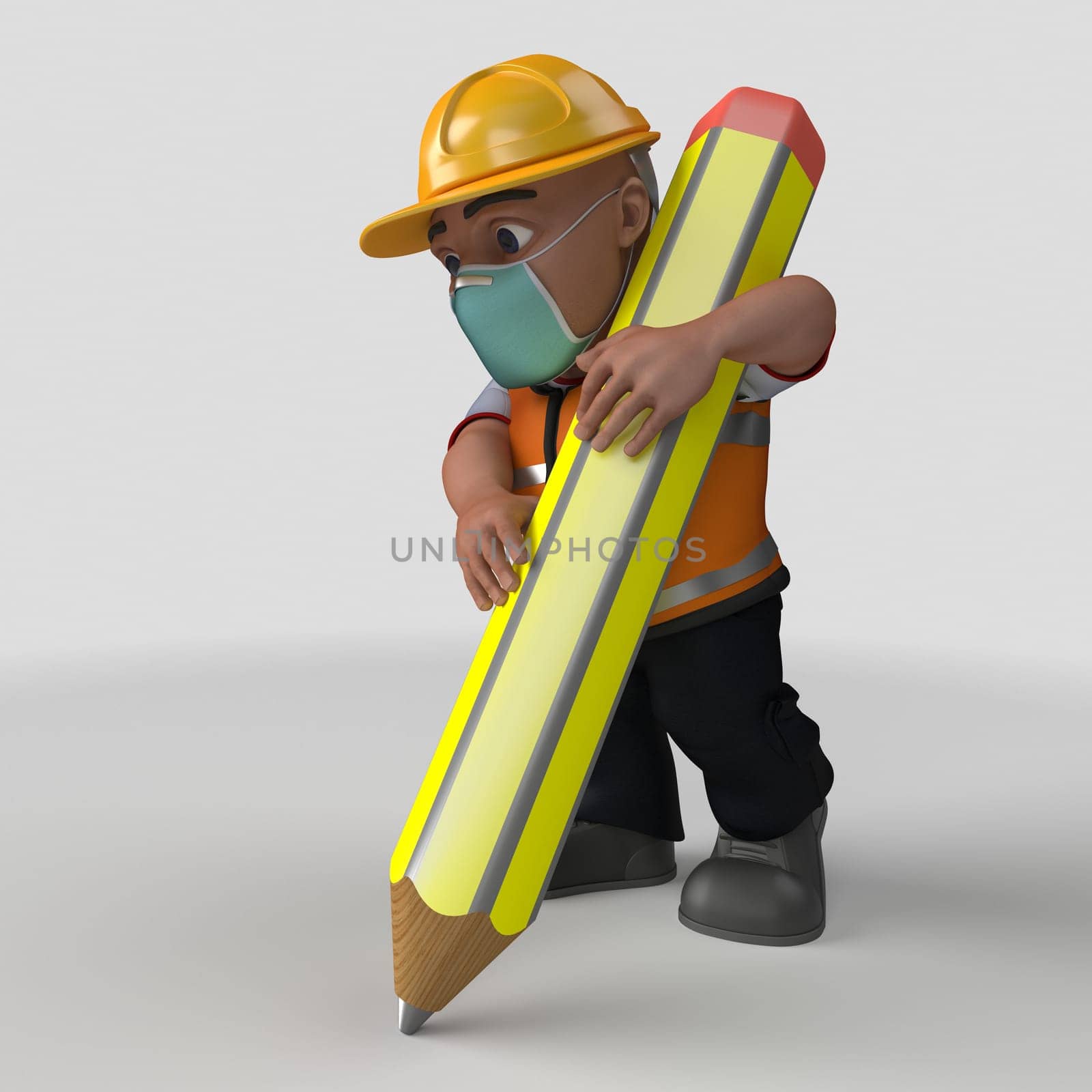 3D Render of Cartoon Builder Character in face mask