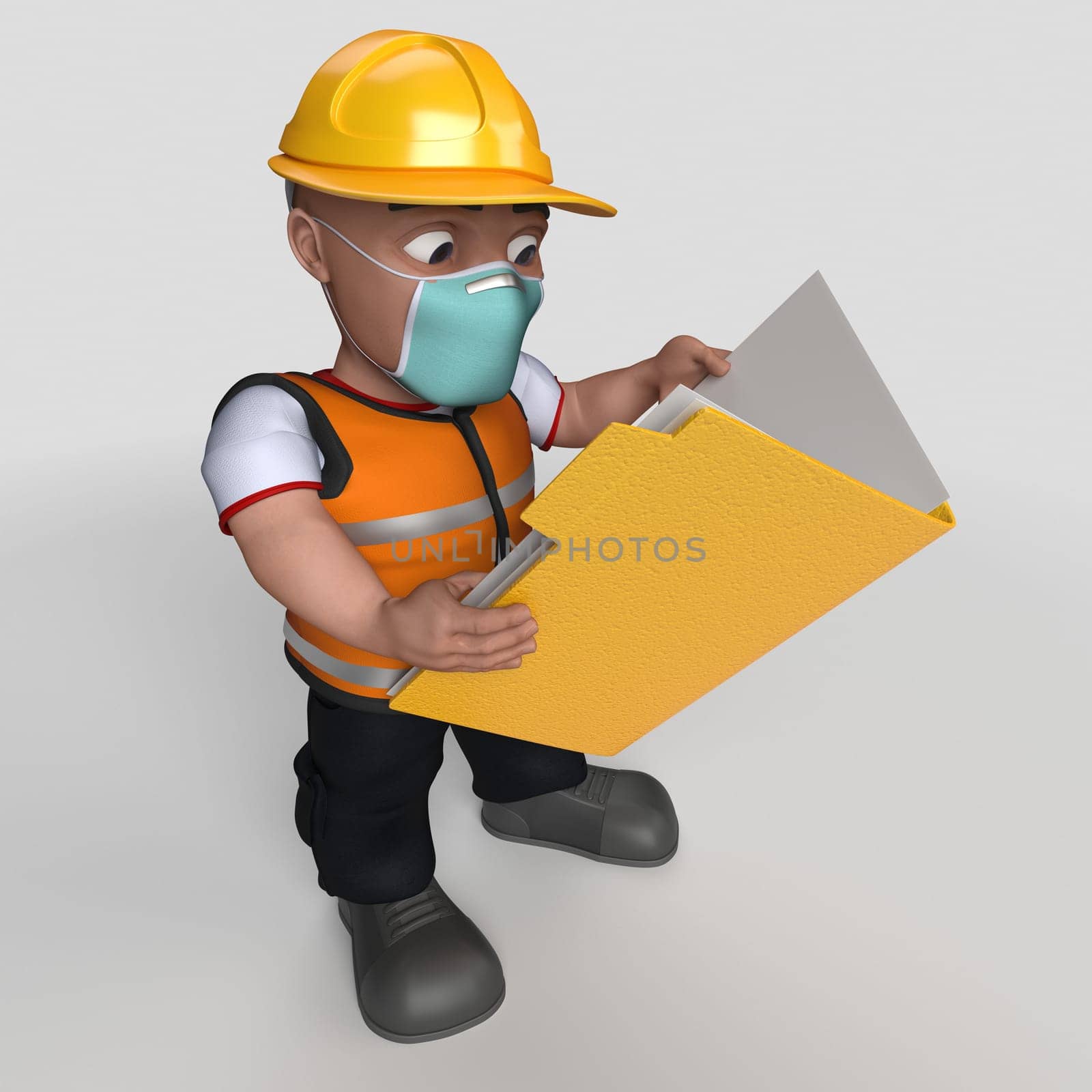 3D Render of Cartoon Builder Character in face mask
