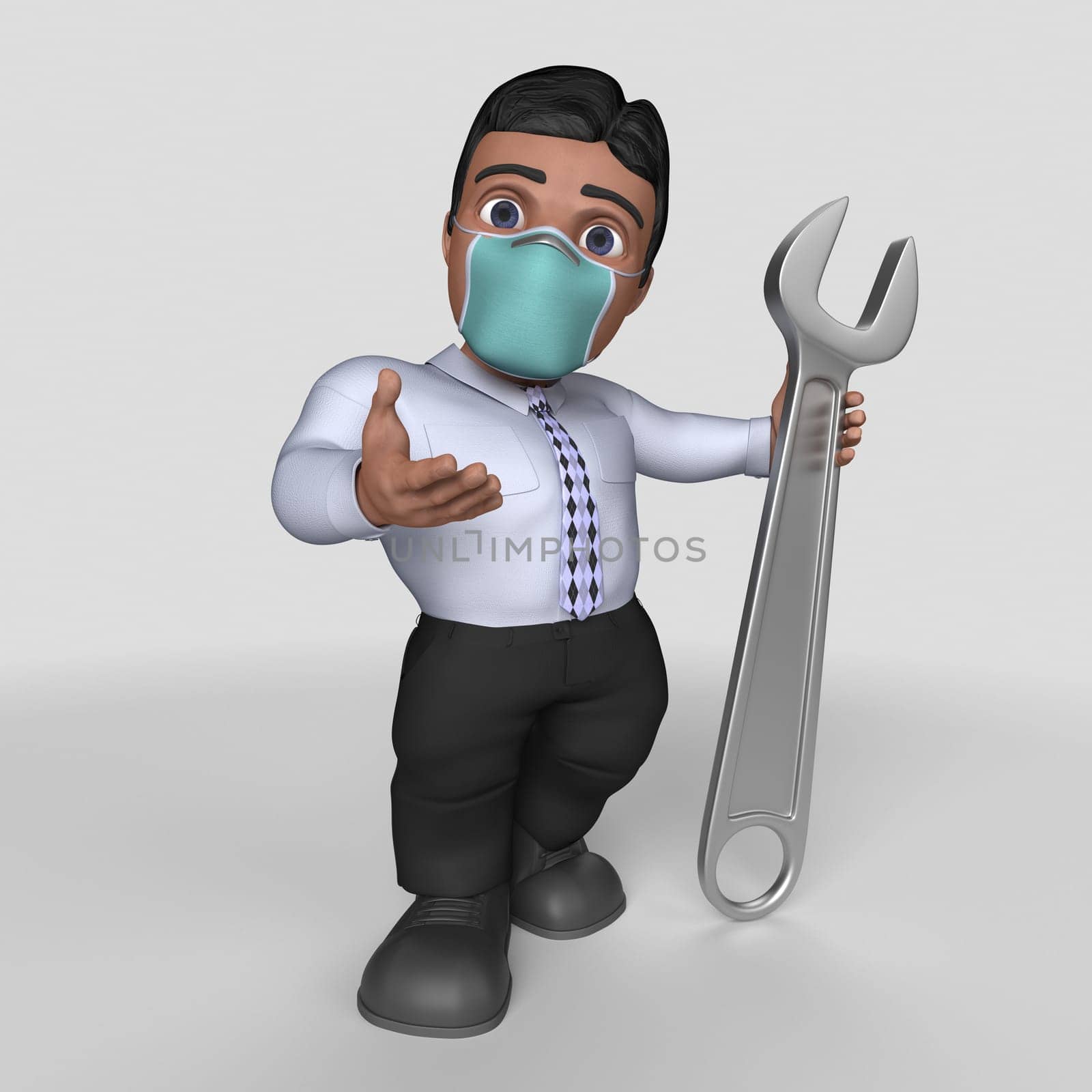 3D Render of Cartoon Business Character in face mask