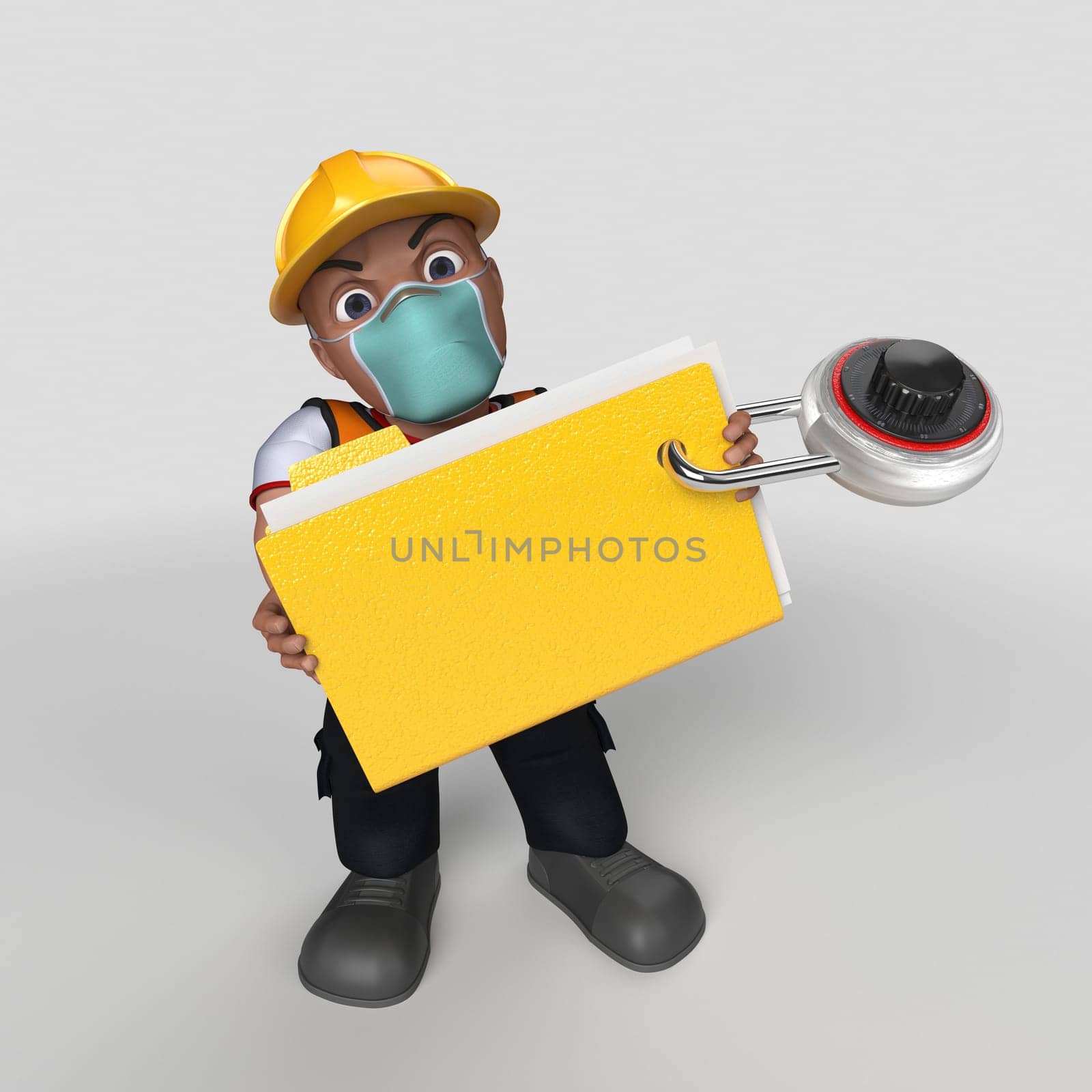 3D Render of Cartoon Builder Character in face mask