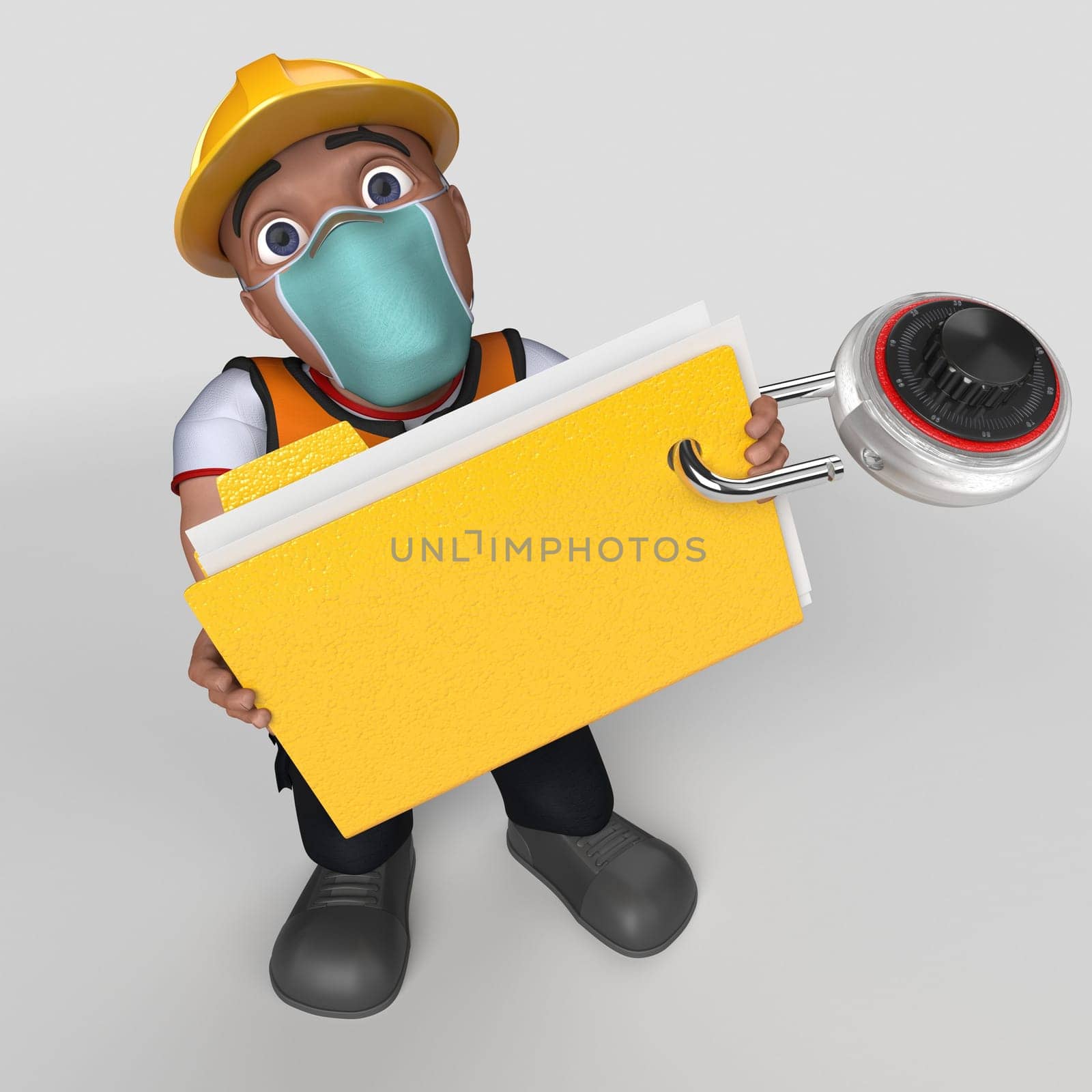 3D Render of Cartoon Builder Character in face mask