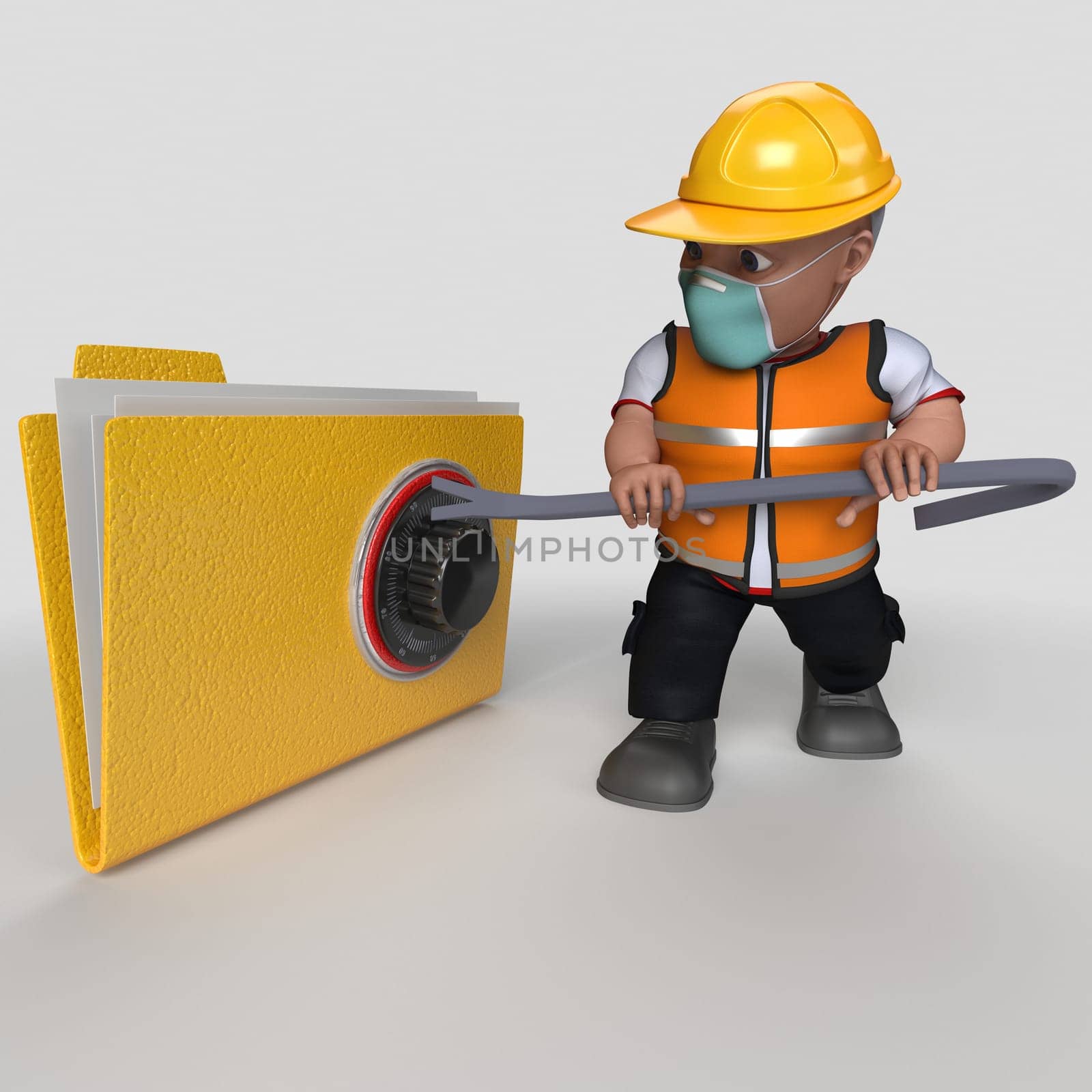 3D Render of Cartoon Builder Character in face mask
