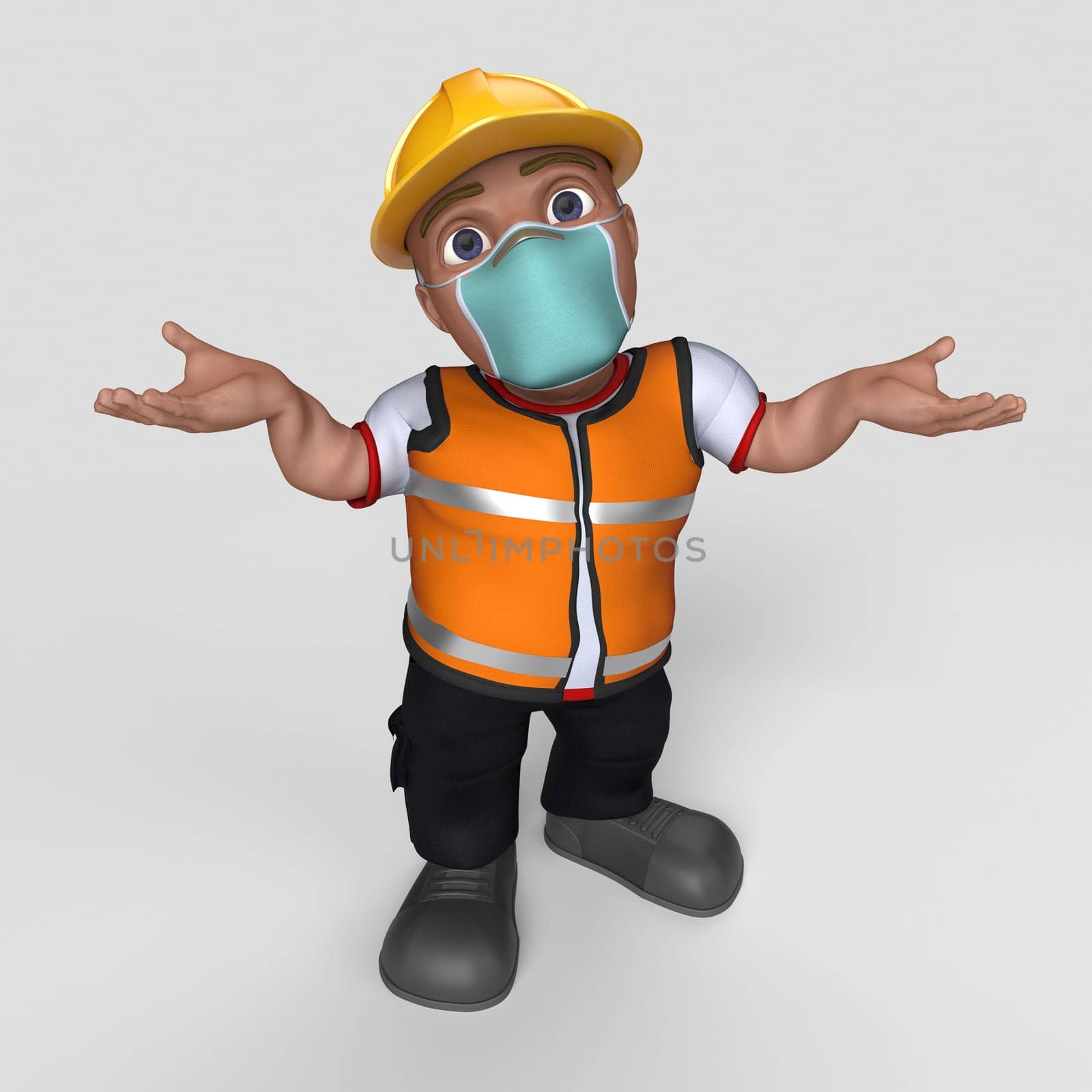 3D Render of Cartoon Builder Character in face mask