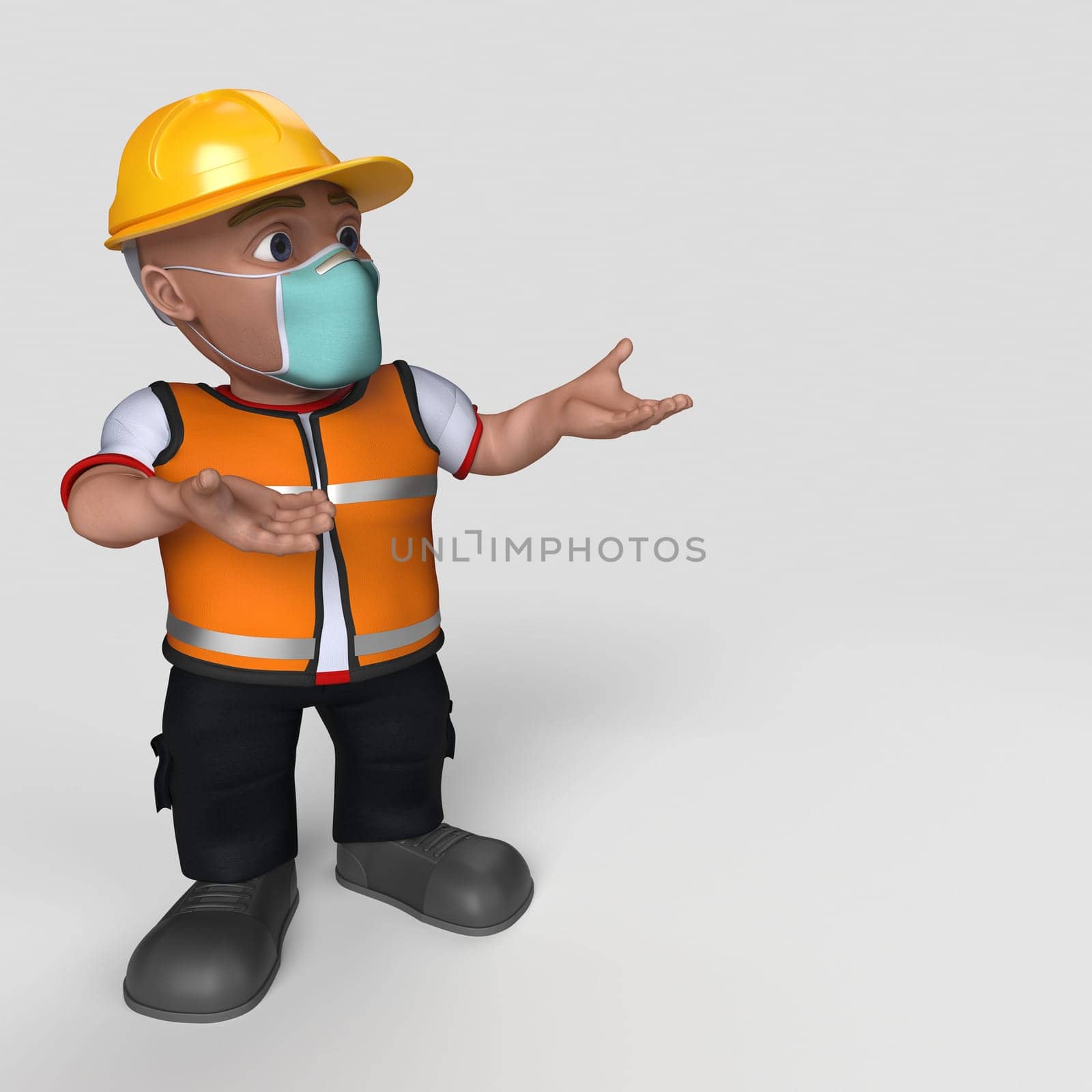 3D Render of Cartoon Builder Character in face mask