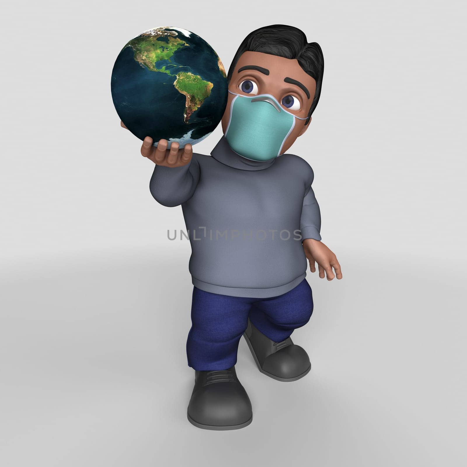 3D Render of Cartoon Casual Character in face mask