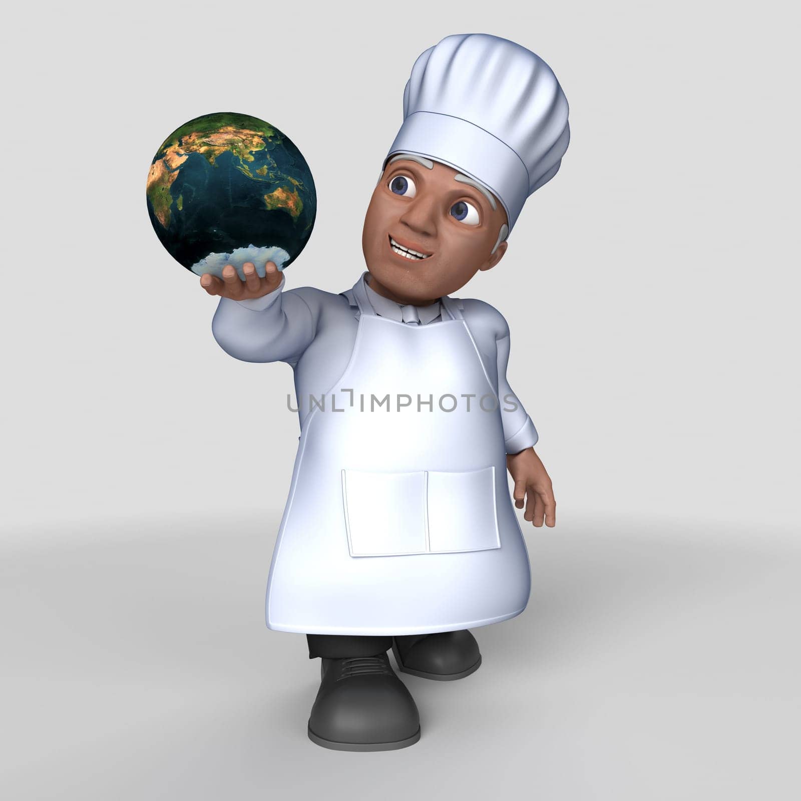 3D Render of Cartoon Baker Character  Map Source https://visibleearth.nasa.gov/collection/1484/blue-marble