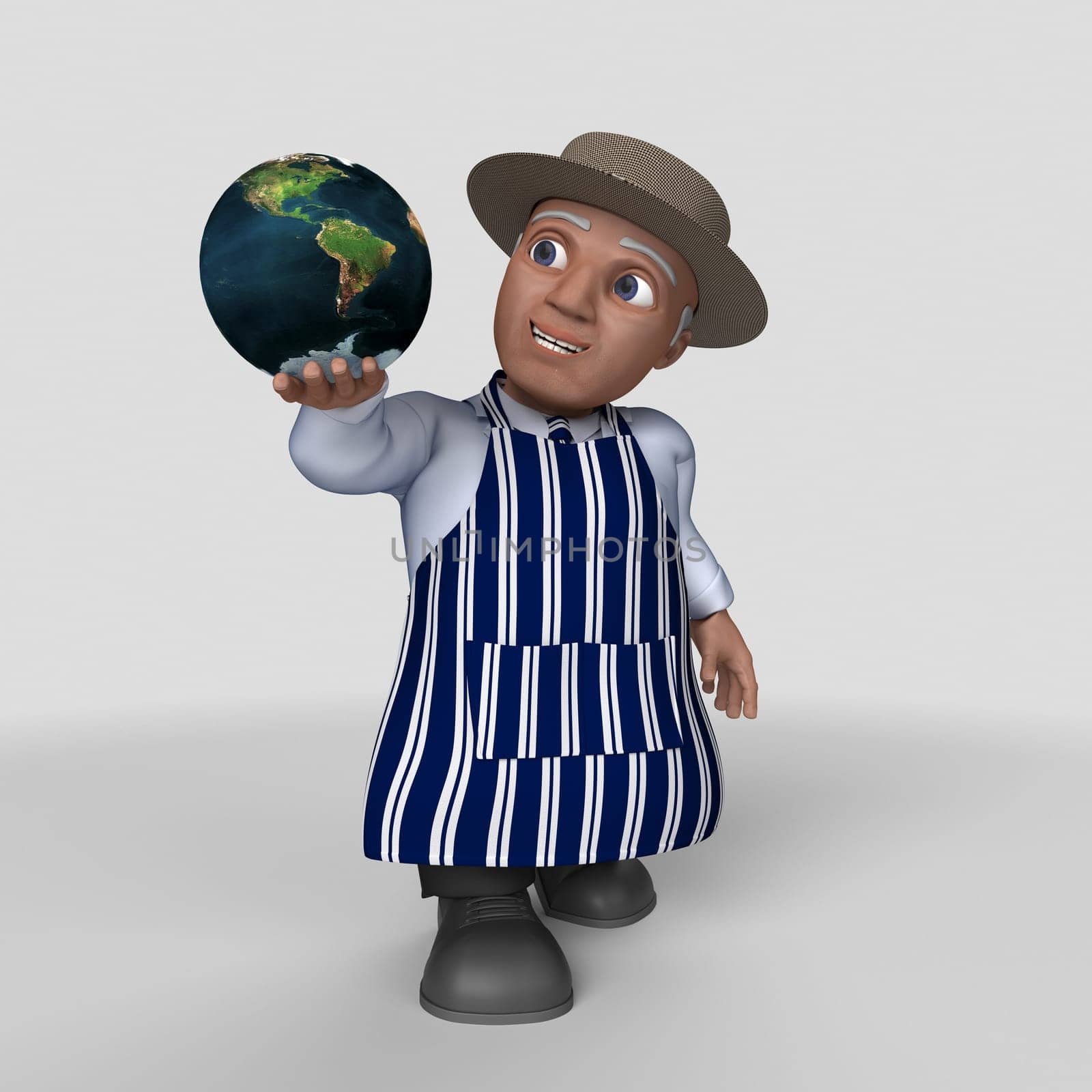 3D Render of Cartoon Butcher Character Map Source https://visibleearth.nasa.gov/collection/1484/blue-marble