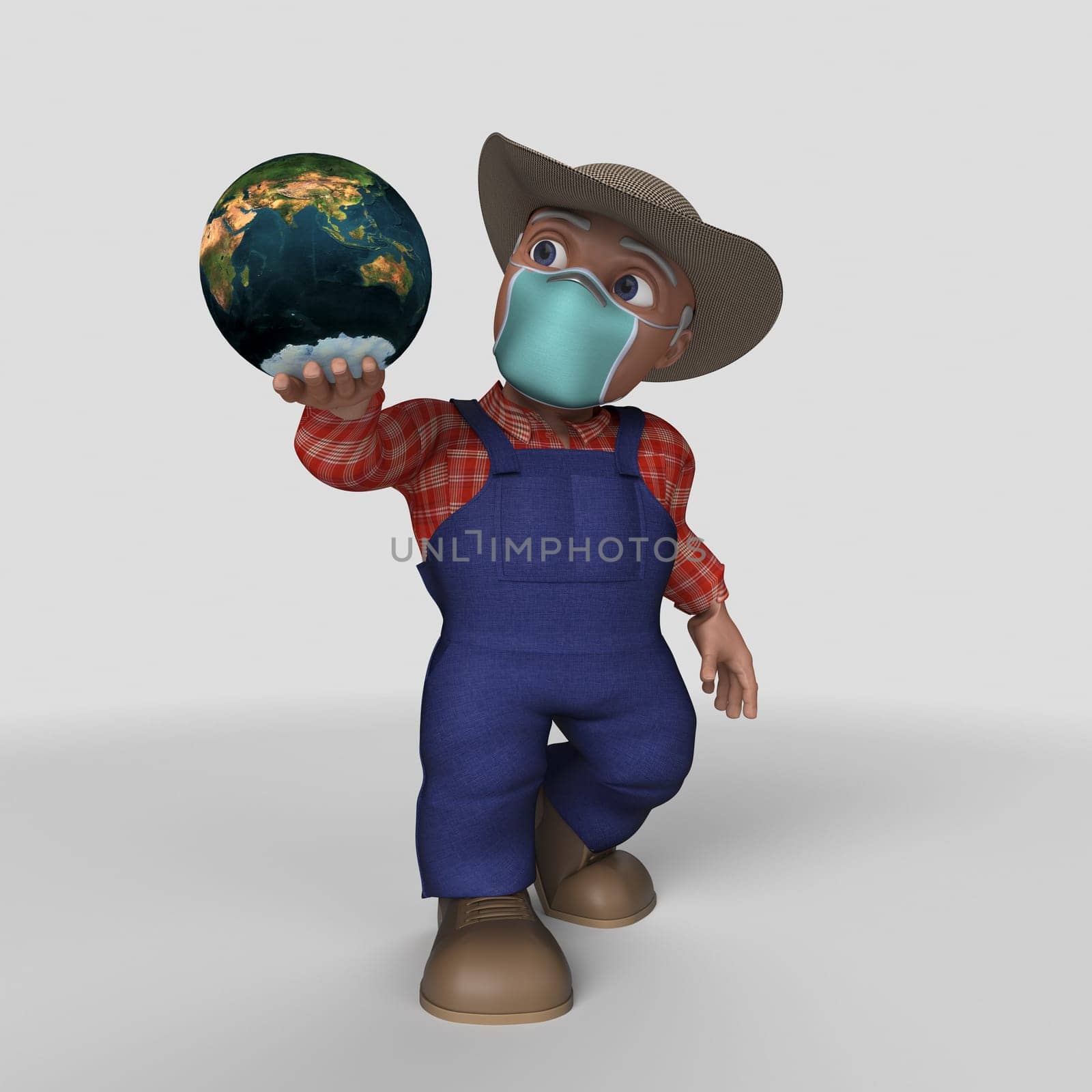 3D Render of Cartoon Farmer Character Map Source https://visibleearth.nasa.gov/collection/1484/blue-marble