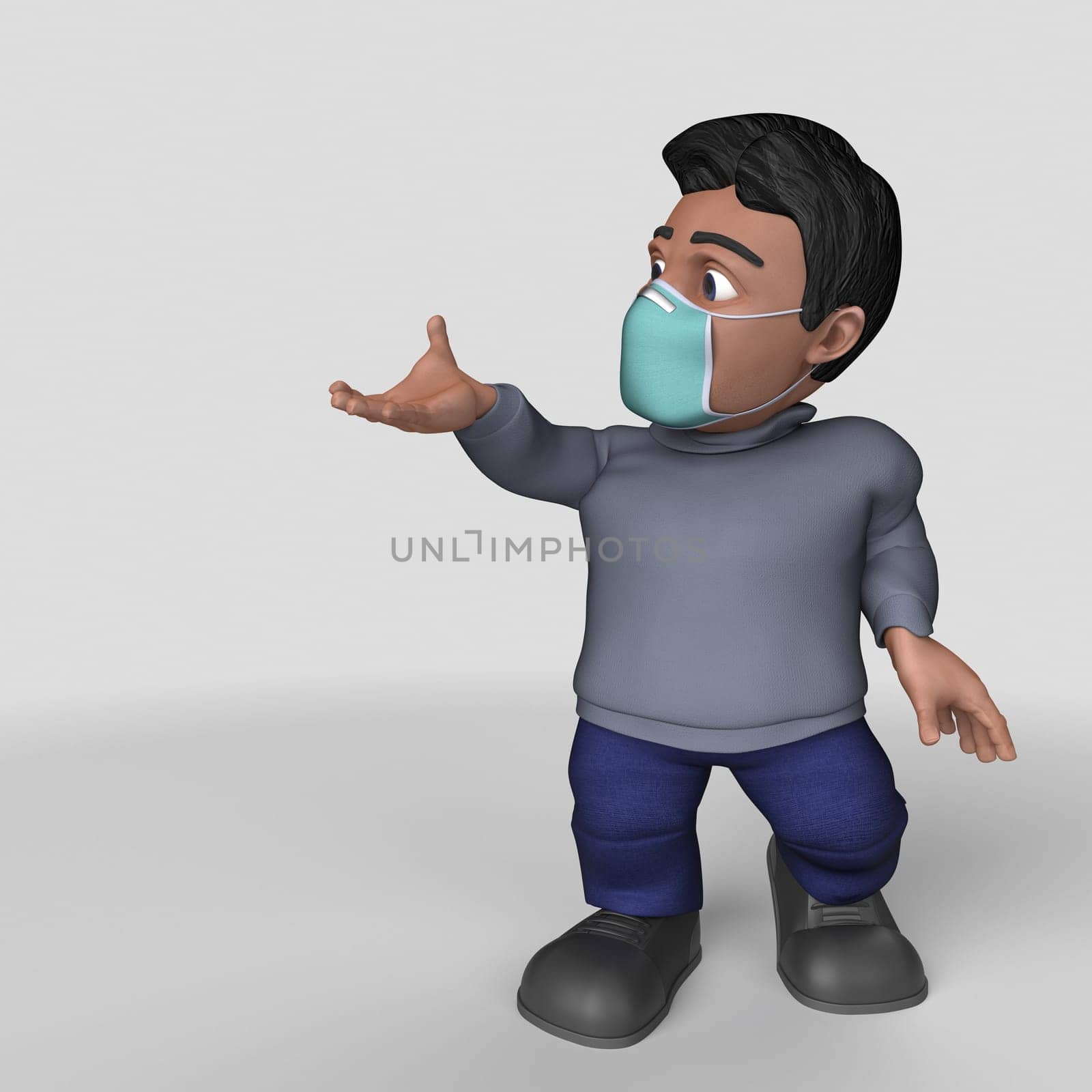 3D Render of Cartoon Casual Character in face mask