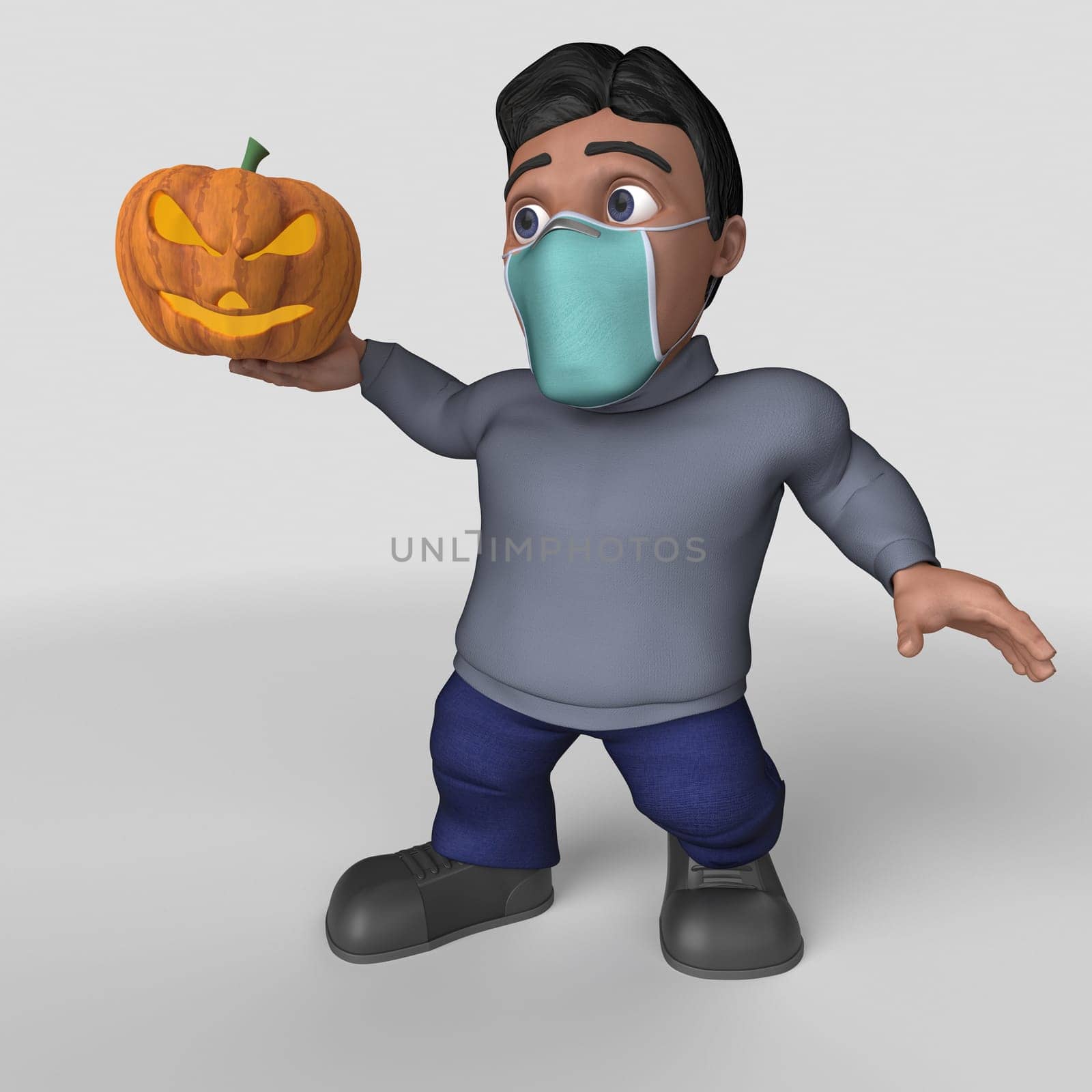 3D Render of Cartoon Casual Character in face mask