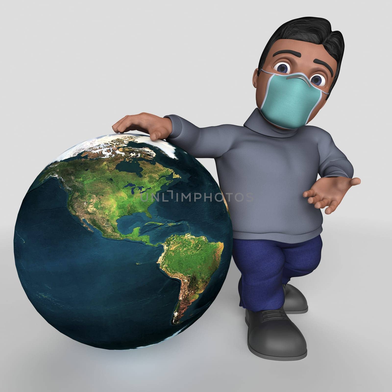 3D Render of Cartoon Casual Character in face mask