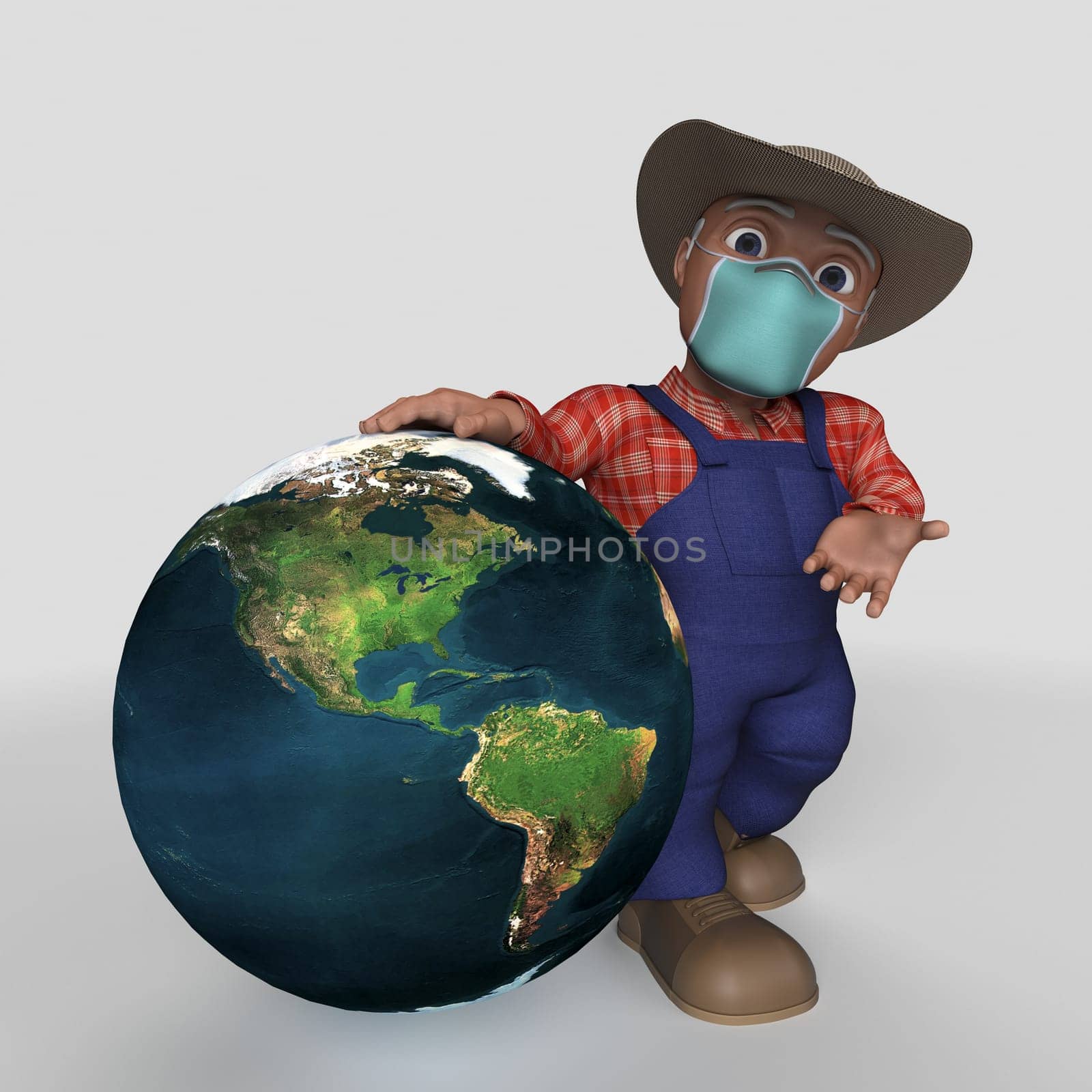 3D Render of Cartoon Farmer Character Map Source https://visibleearth.nasa.gov/collection/1484/blue-marble